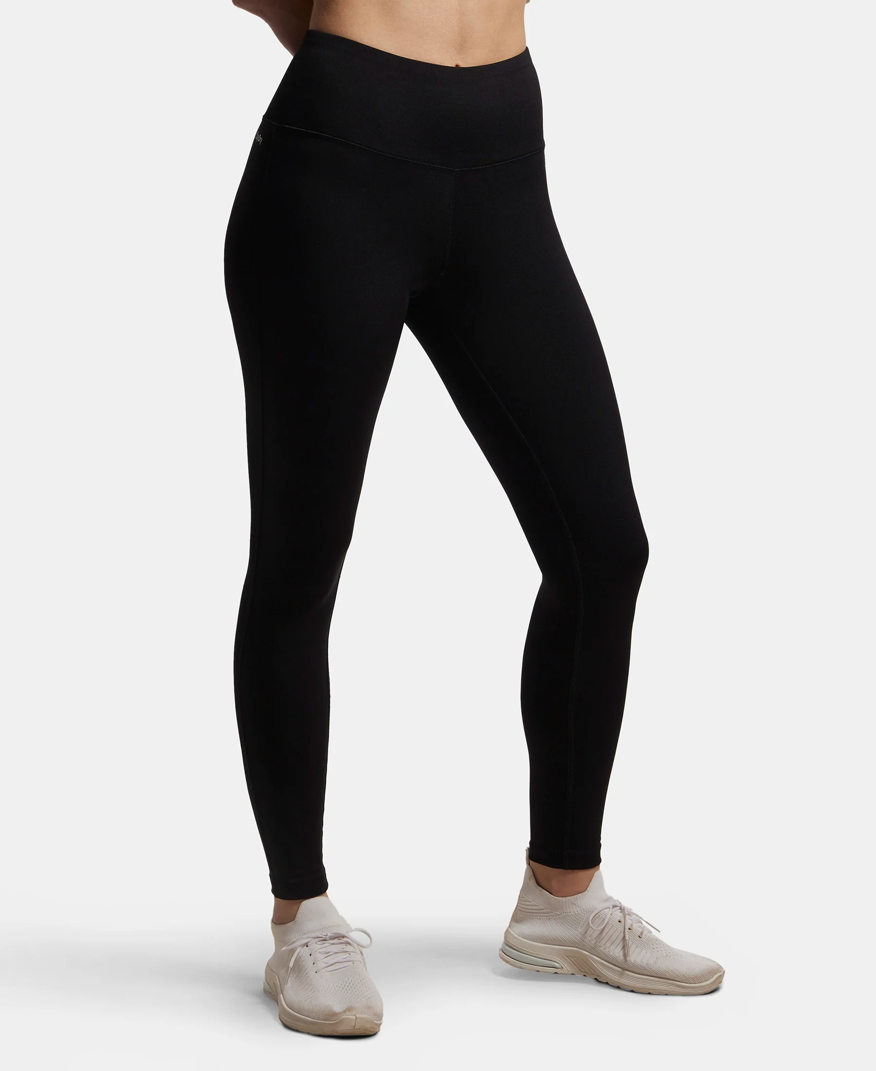 Microfiber Elastane Stretch Performance 7/8th Leggings with Broadwaistband & Back Pocket - Black - Image 2
