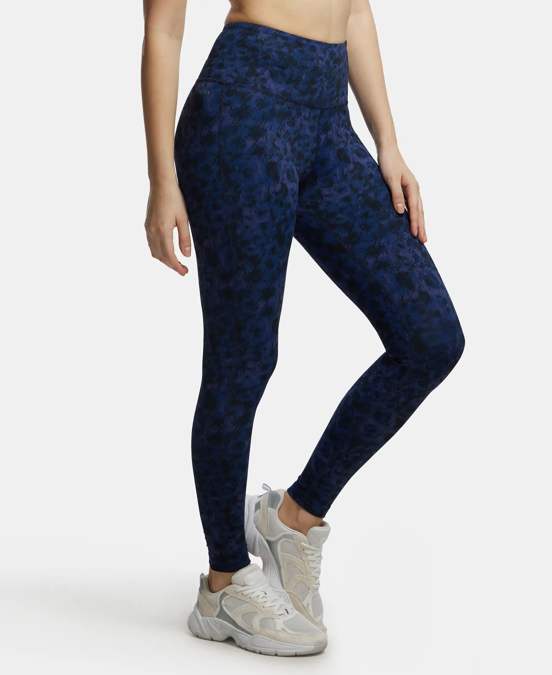 Microfiber Elastane Stretch Performance 7/8th Leggings with Broadwaistband & Back Pocket - Peacoat Print - Image 2