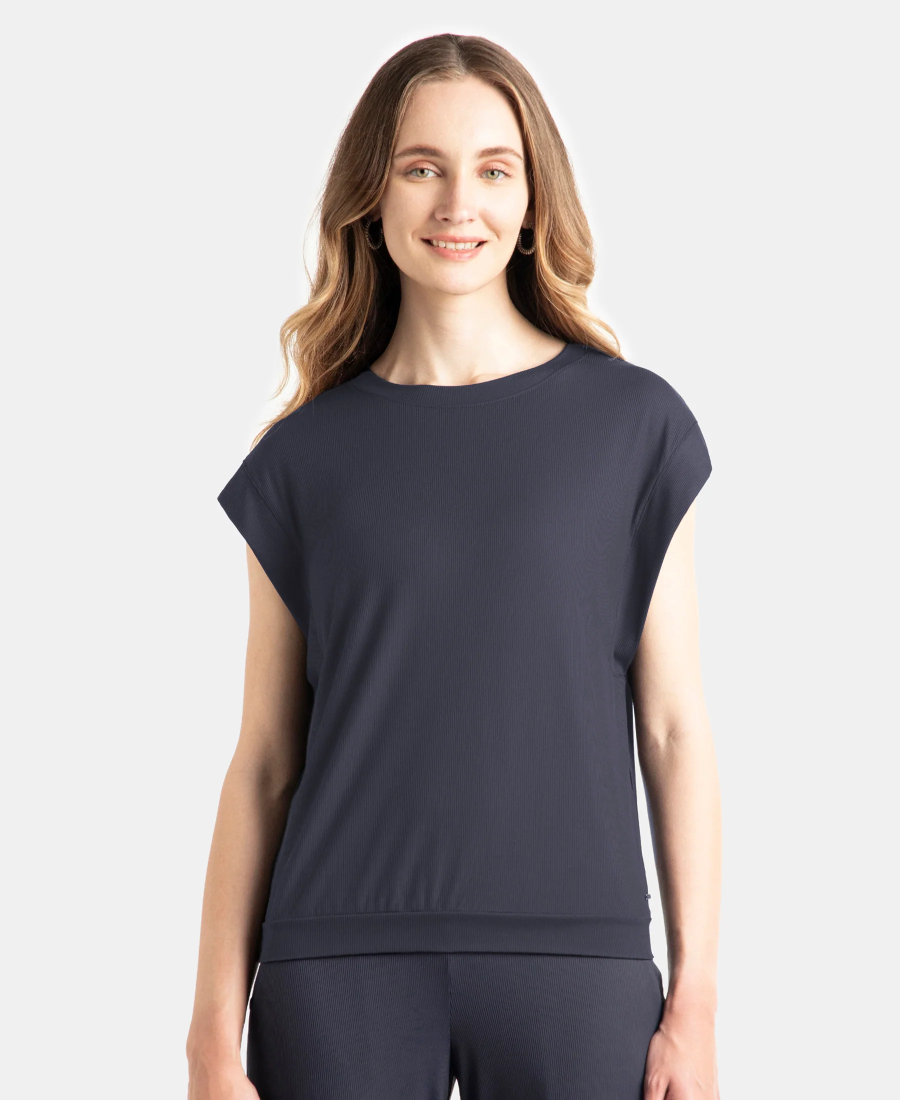 Microfiber Elastane Stretch Hybrid Tank Top with Ribbed Sleeves - Grey Stone