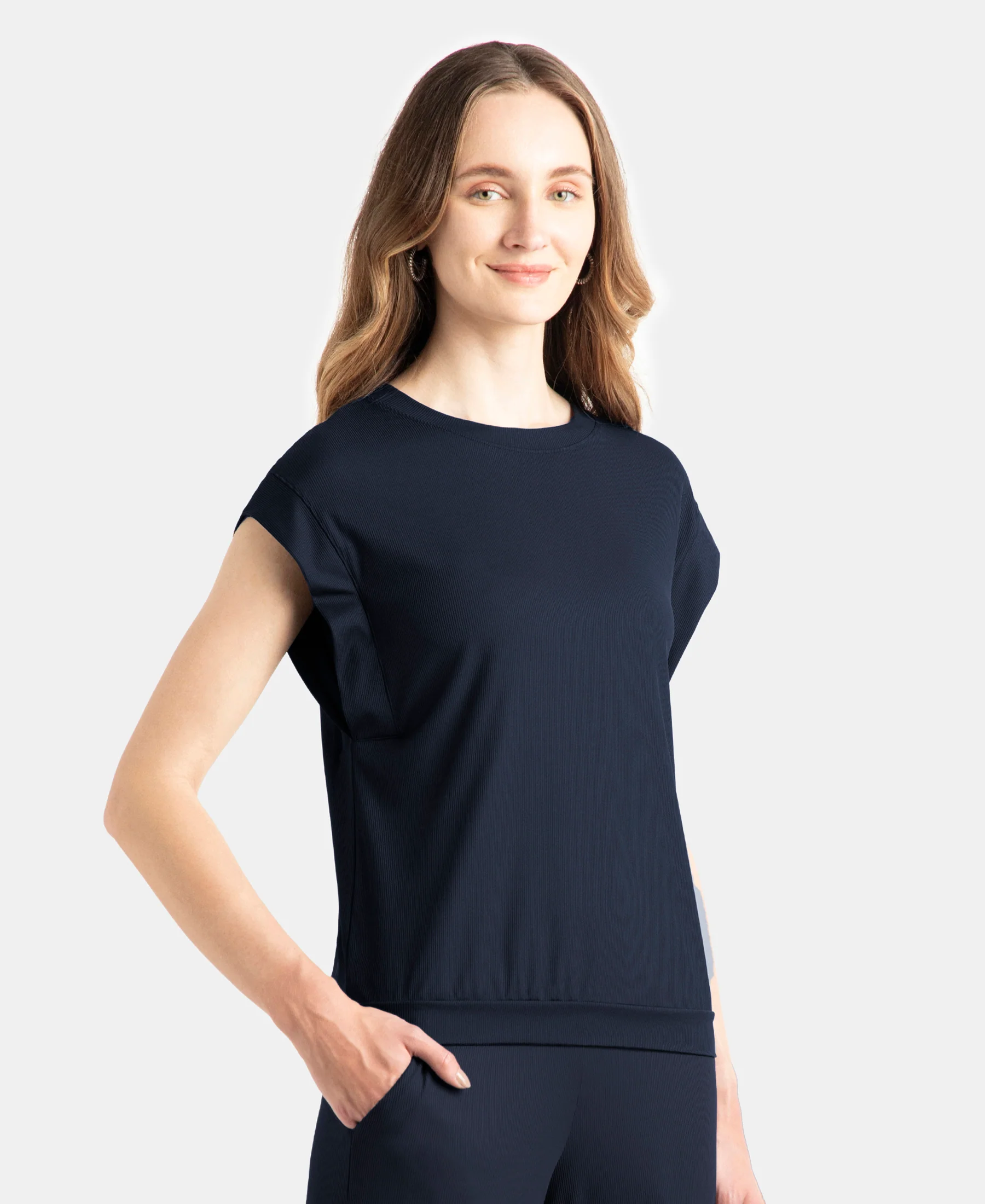 Microfiber Elastane Stretch Hybrid Tank Top with Ribbed Sleeves - Mid Night Navy - Image 2