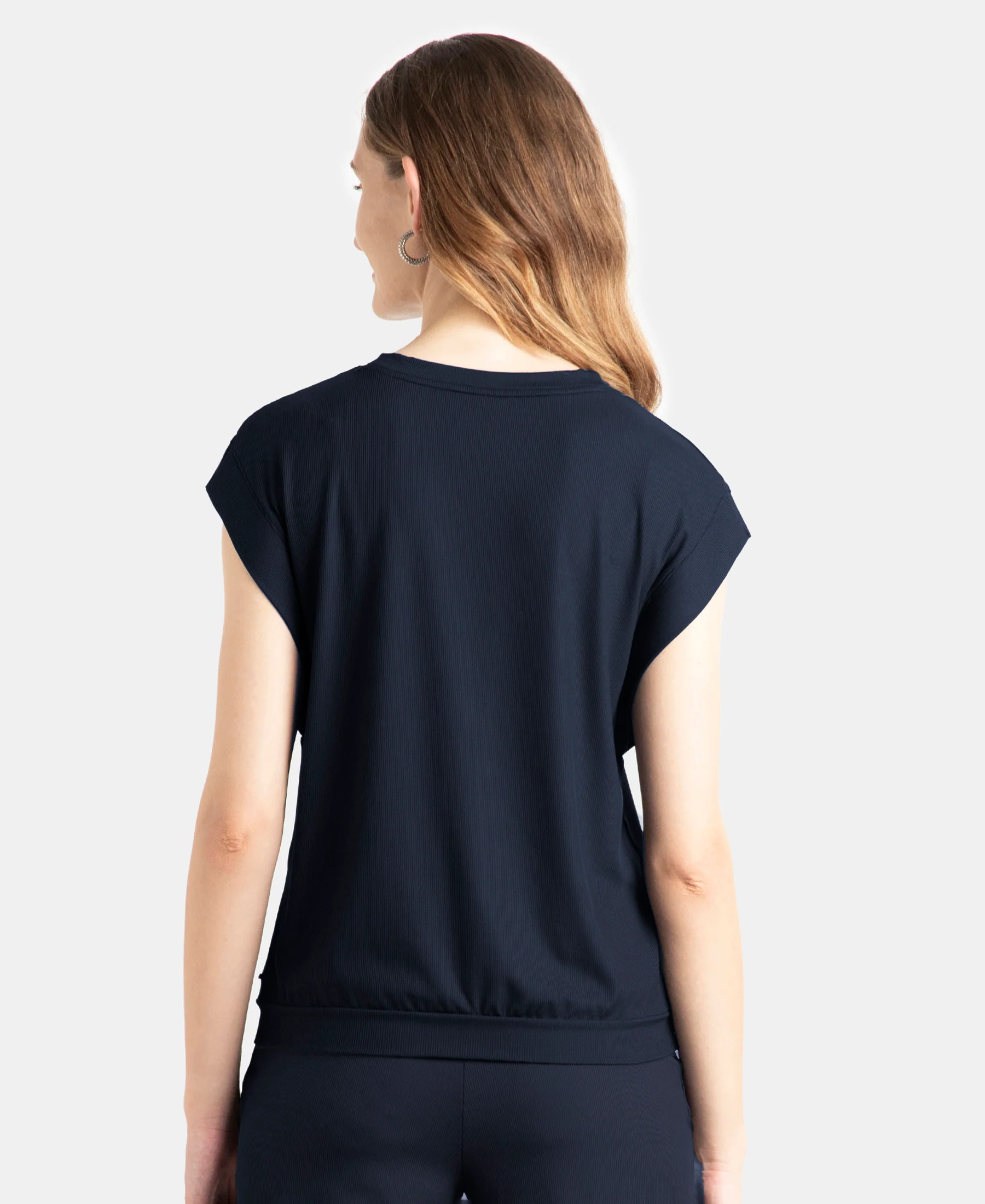 Microfiber Elastane Stretch Hybrid Tank Top with Ribbed Sleeves - Mid Night Navy - Image 3