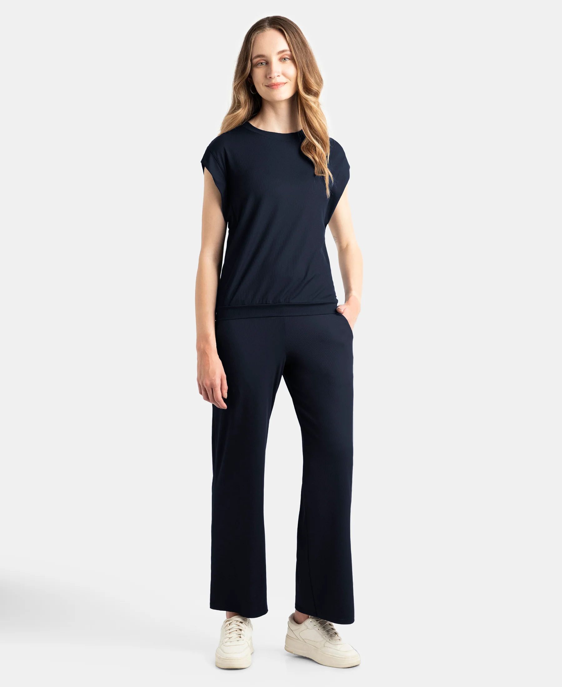 Microfiber Elastane Stretch Hybrid Tank Top with Ribbed Sleeves - Mid Night Navy - Image 4