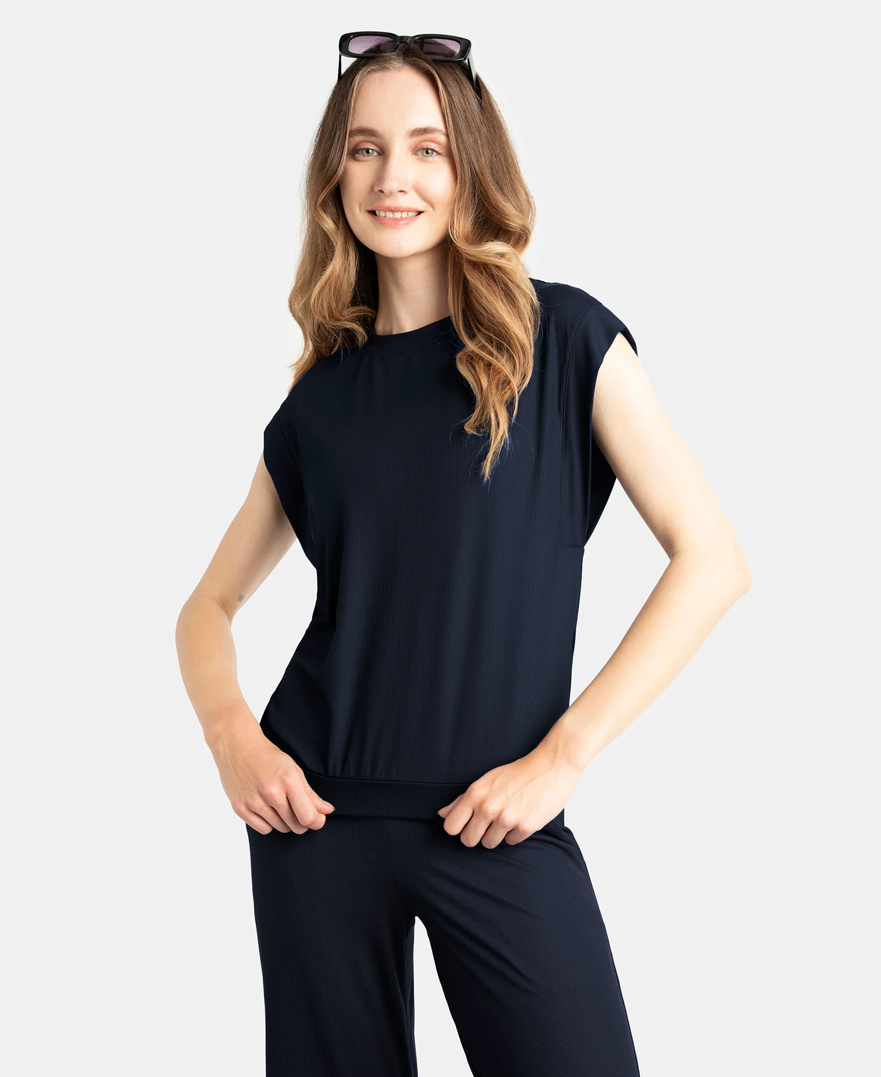 Microfiber Elastane Stretch Hybrid Tank Top with Ribbed Sleeves - Mid Night Navy - Image 5