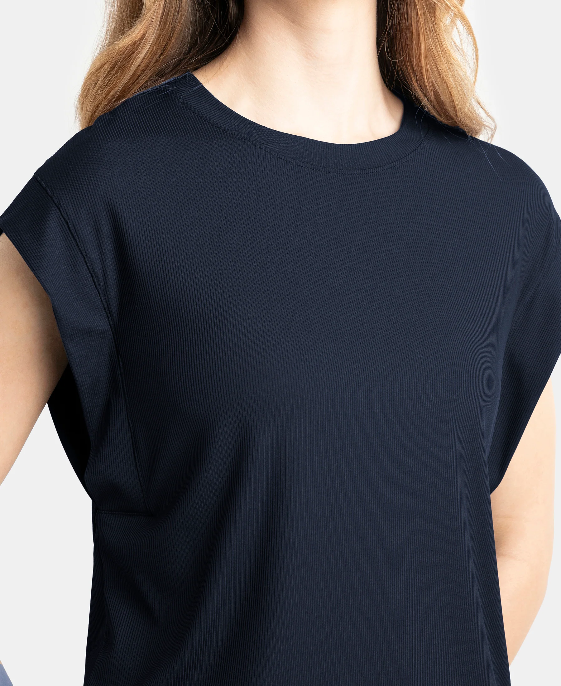 Microfiber Elastane Stretch Hybrid Tank Top with Ribbed Sleeves - Mid Night Navy - Image 7