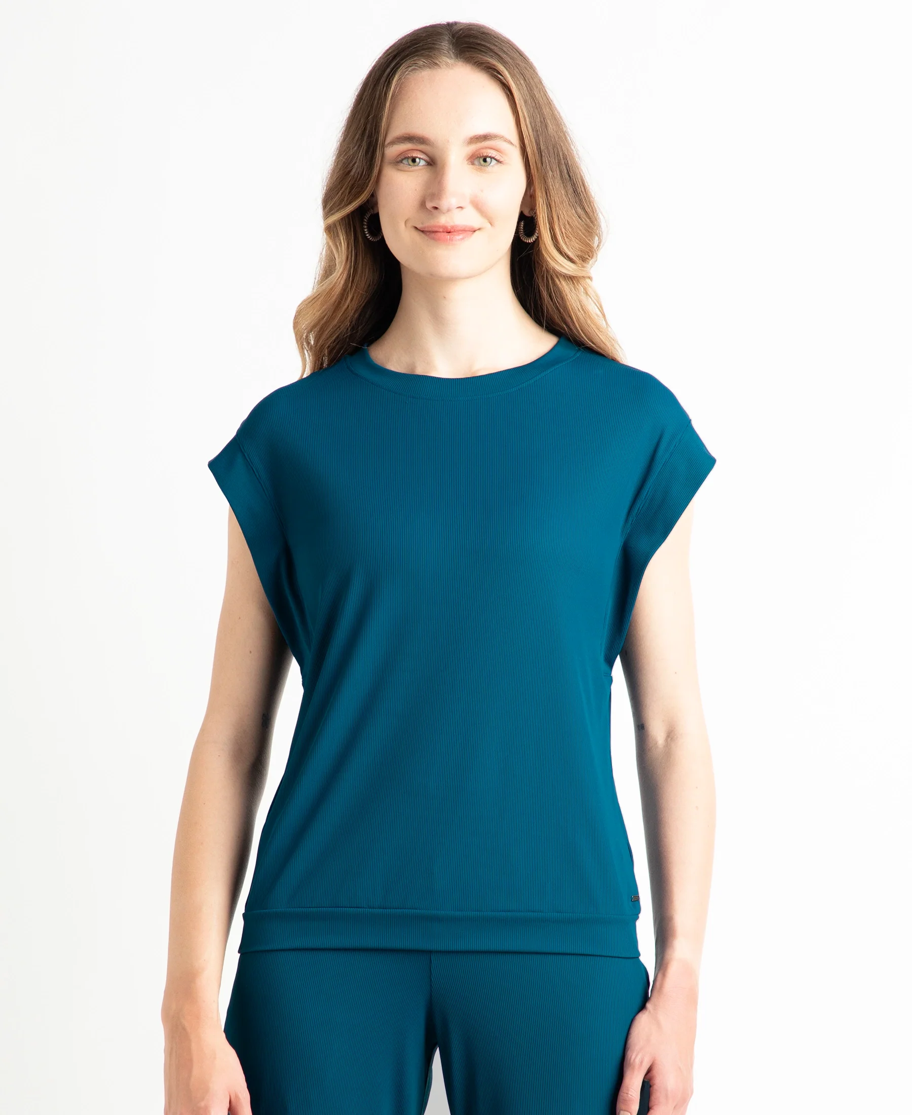 Microfiber Elastane Stretch Hybrid Tank Top with Ribbed Sleeves - Poseidon