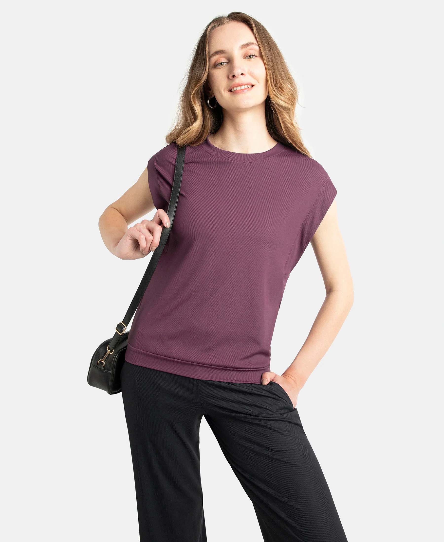 Microfiber Elastane Stretch Hybrid Tank Top with Ribbed Sleeves - Potent Purple - Image 5