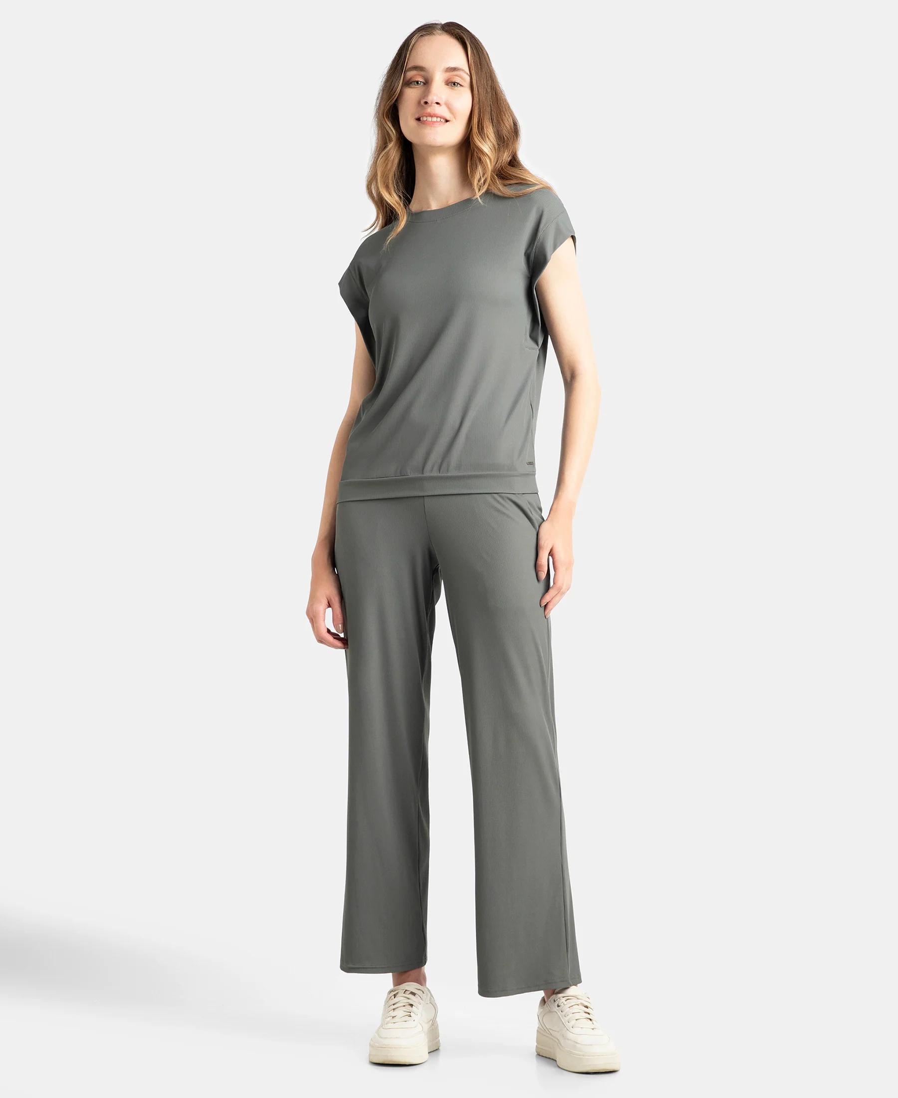 Microfiber Elastane Stretch Regular Fit Wide Leg Pants - Gun Metal - Image 4