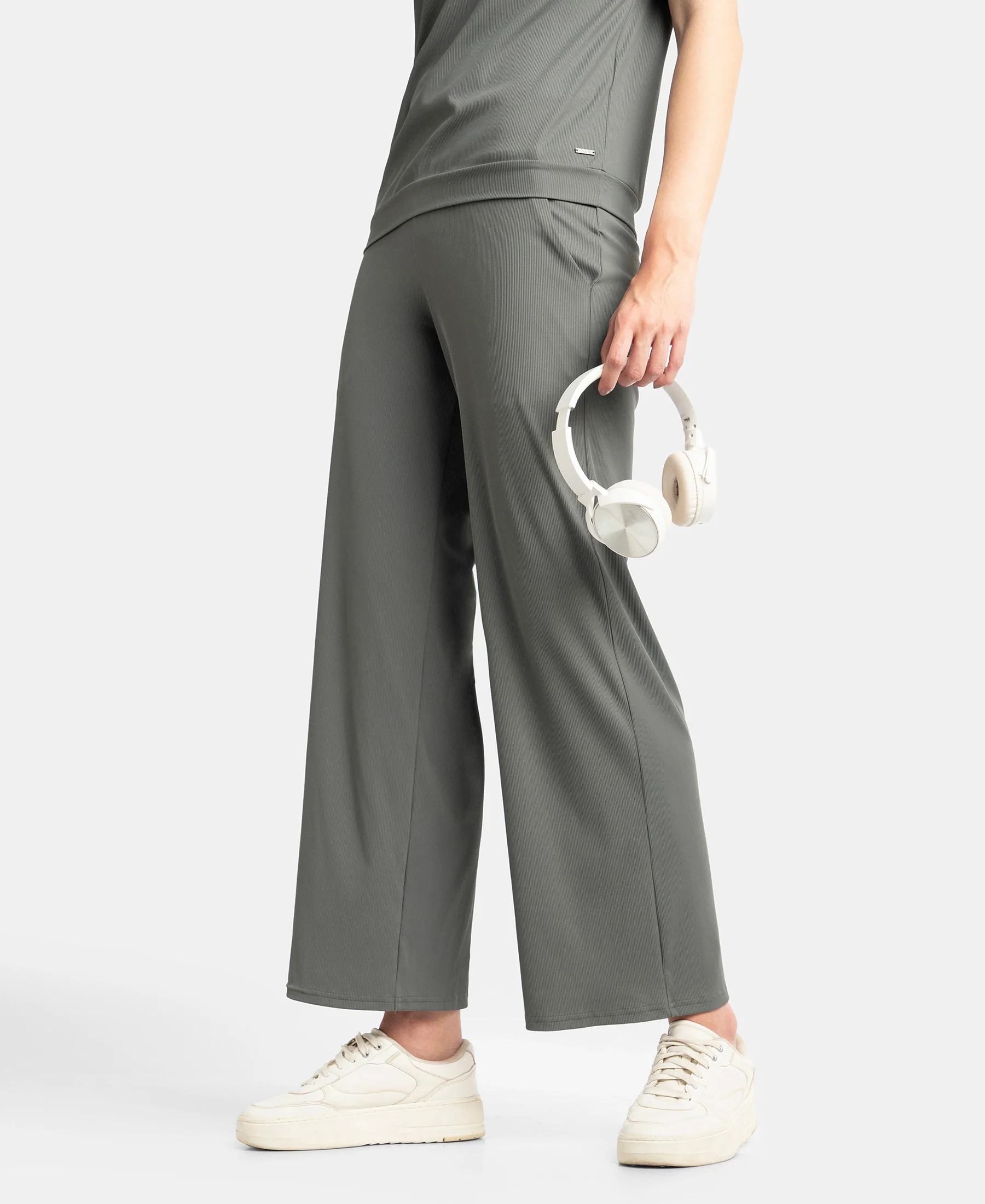 Microfiber Elastane Stretch Regular Fit Wide Leg Pants - Gun Metal - Image 5