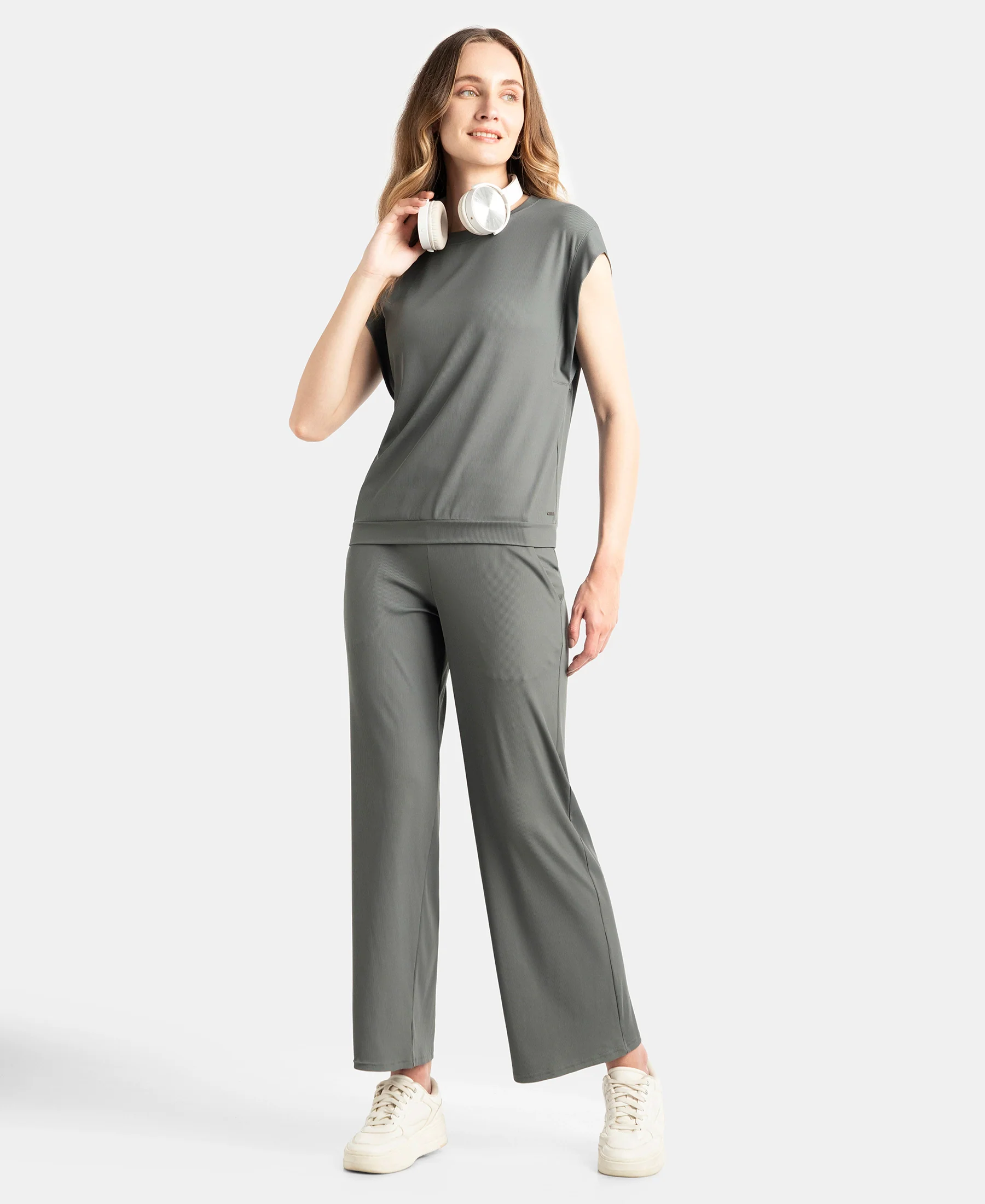 Microfiber Elastane Stretch Regular Fit Wide Leg Pants - Gun Metal - Image 6