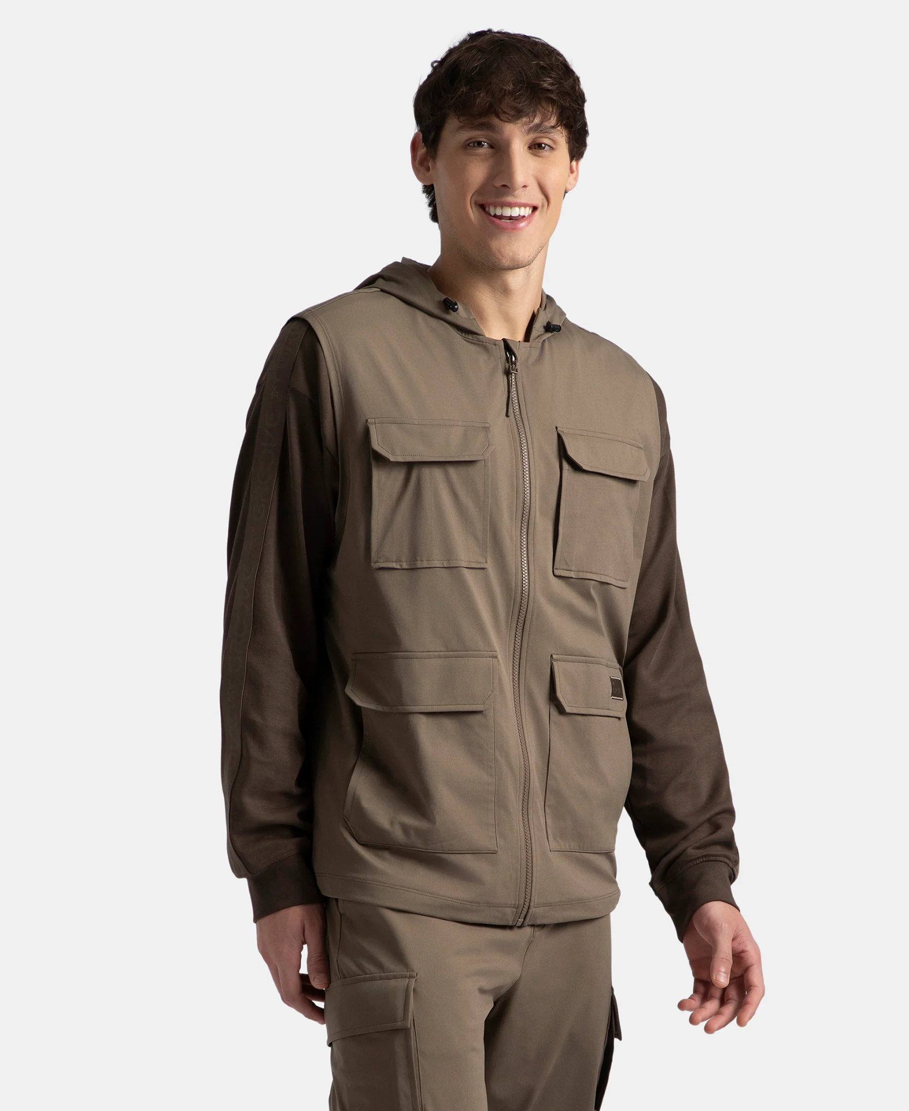 Microfiber Fabric 6 Pocket Full Zip Closure Hoodie Gilet - Green - Image 2