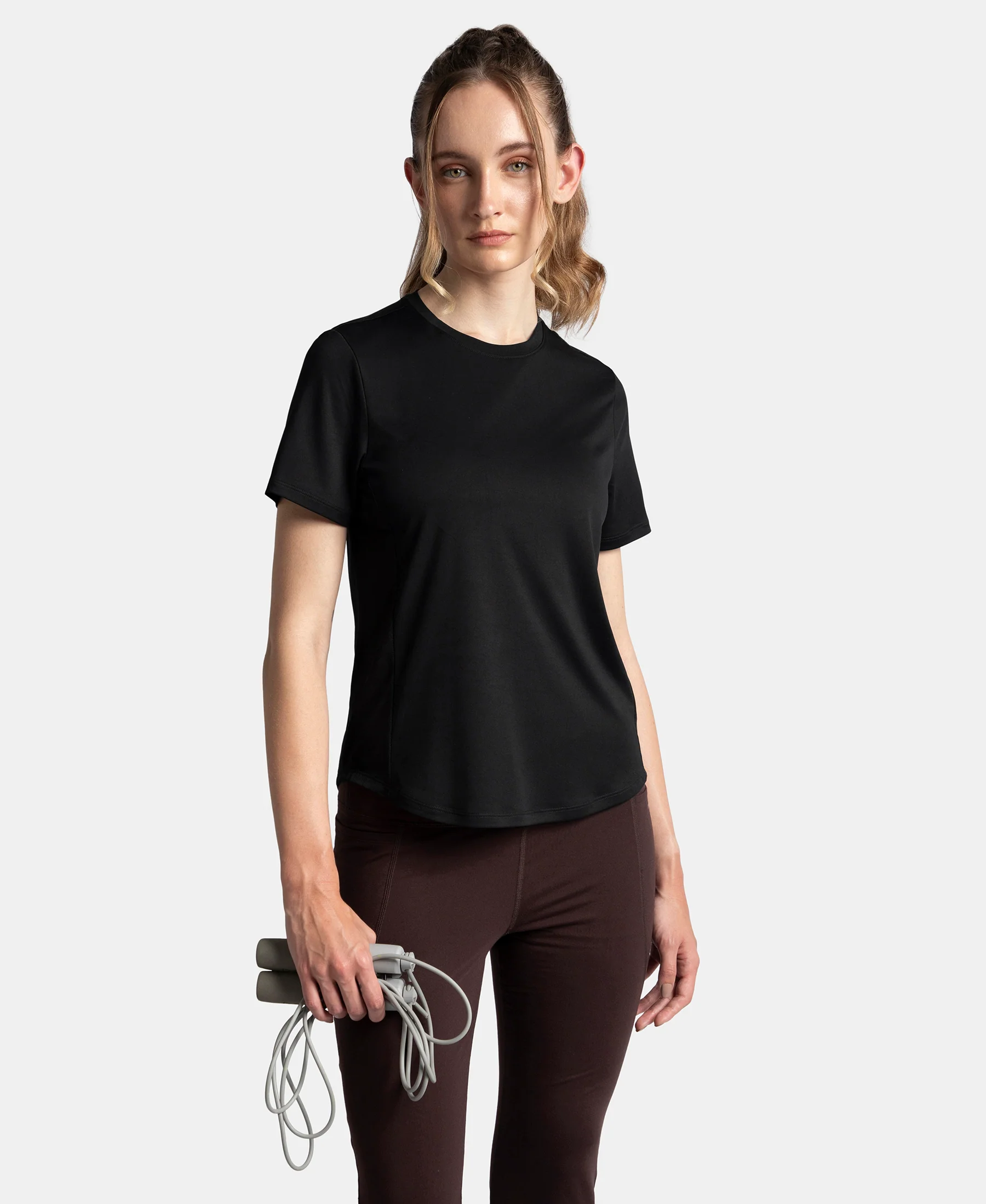 Microfiber Fabric Regular Fit Half Sleeve Breathable Mesh T-Shirt with Curved Hem Styling - Black - Image 5
