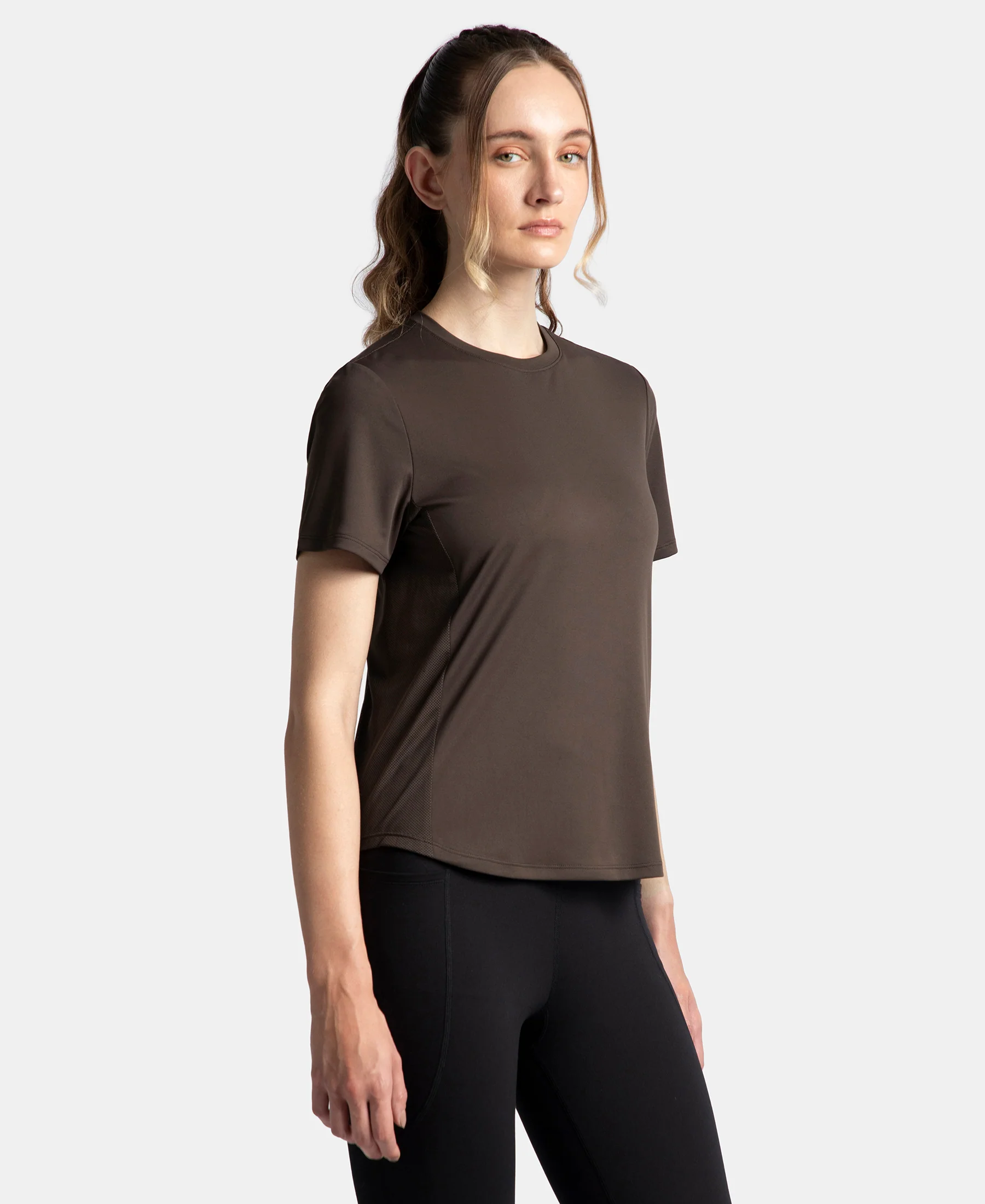 Microfiber Fabric Regular Fit Half Sleeve Breathable Mesh T-Shirt with Curved Hem Styling - Coffee - Image 2