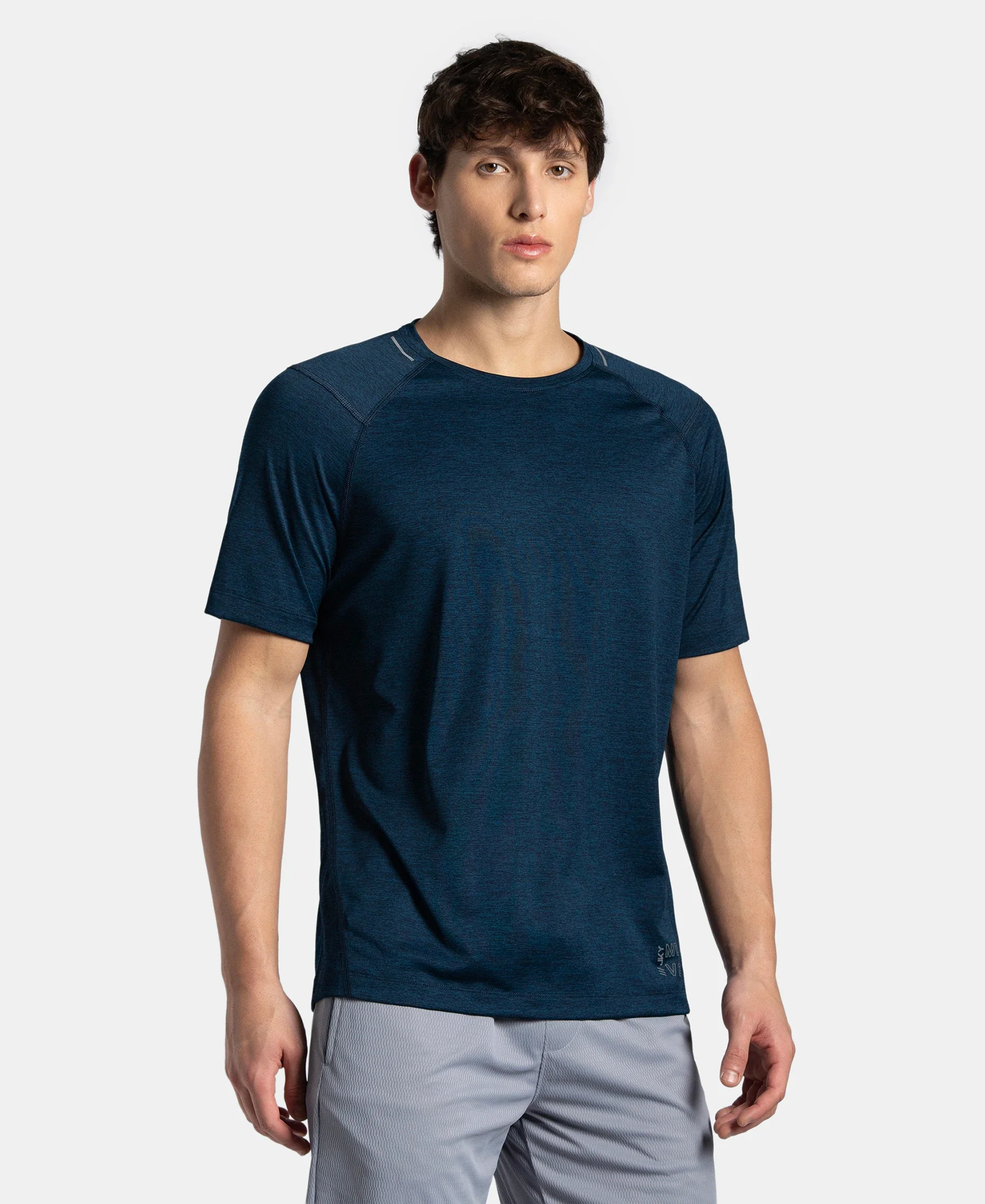 Microfiber Fabric Round Neck Half Sleeve T-Shirt with StayDry Tech - Navy Melange - Image 2