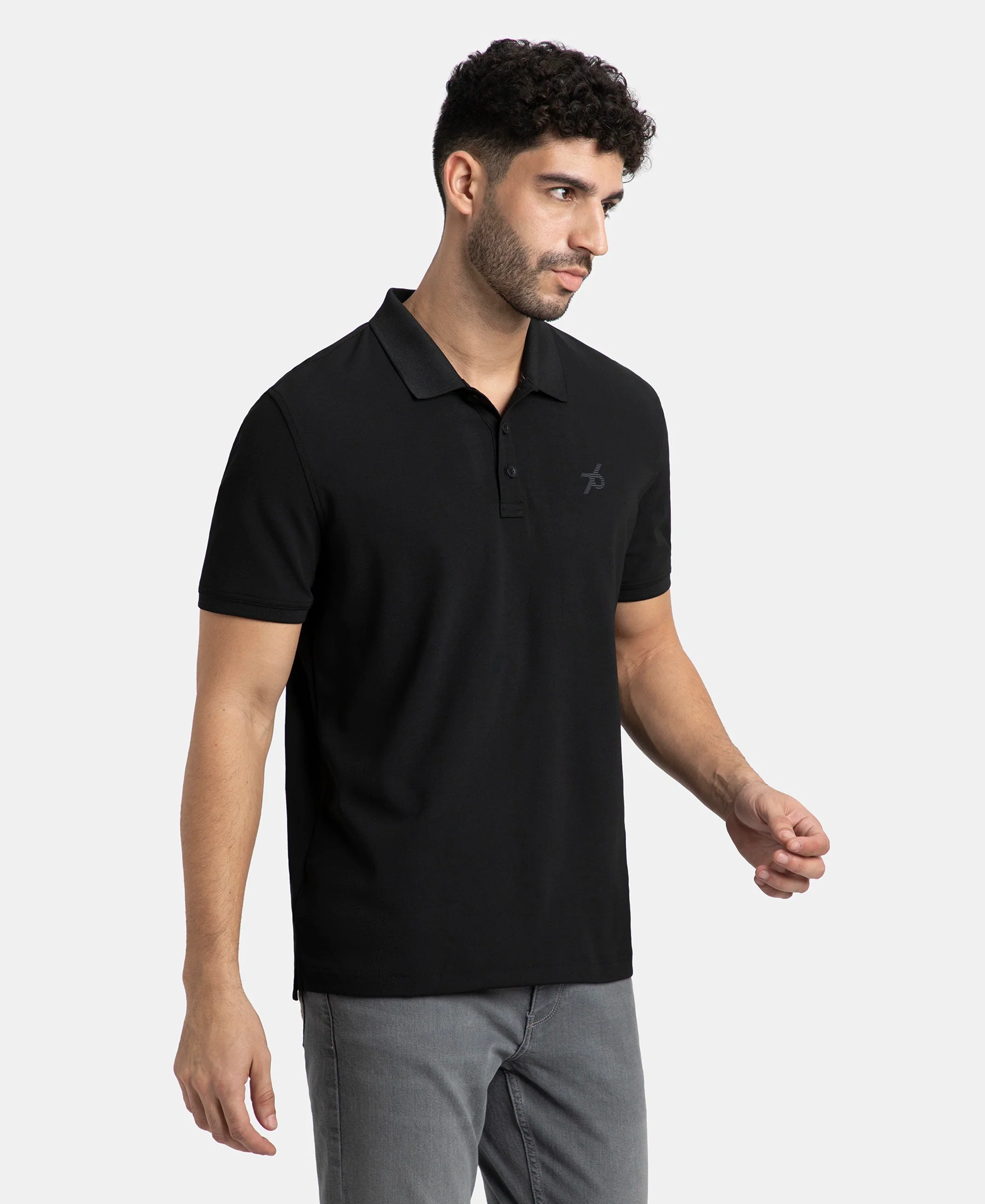 Microfiber Fabric Solid Half Sleeve Polo T-Shirt with StayDry & StayFresh Technology - Black - Image 2