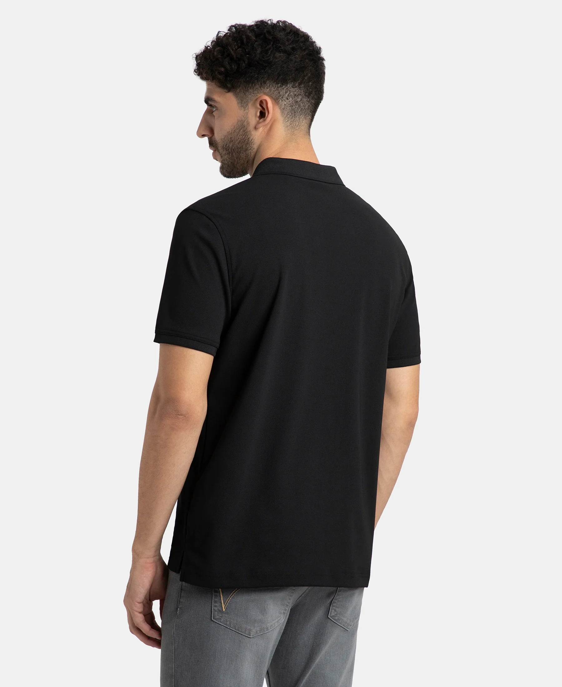 Microfiber Fabric Solid Half Sleeve Polo T-Shirt with StayDry & StayFresh Technology - Black - Image 3