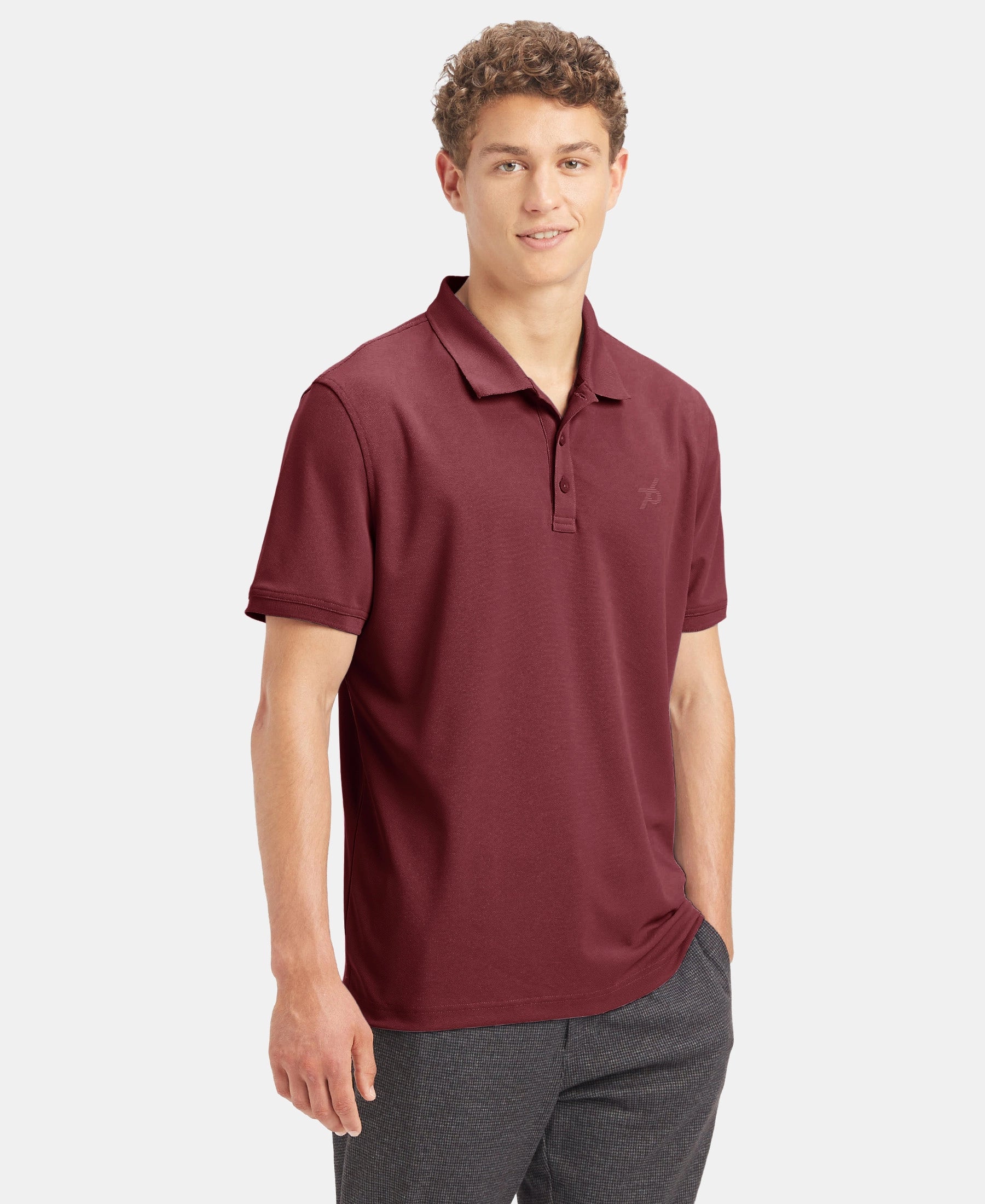 Microfiber Fabric Solid Half Sleeve Polo T-Shirt with StayDry & StayFresh Technology - Dark Maroon - Image 2