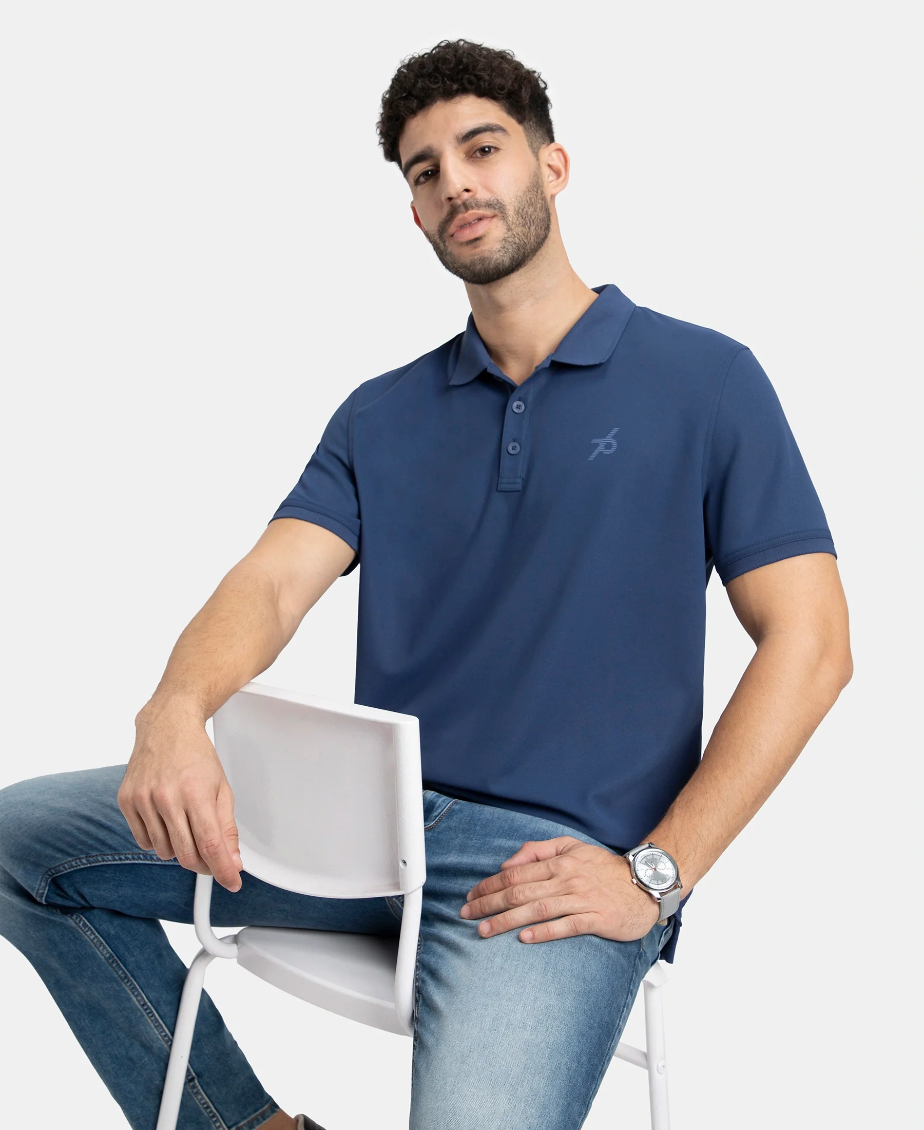 Microfiber Fabric Solid Half Sleeve Polo T-Shirt with StayDry & StayFresh Technology - Navy - Image 5