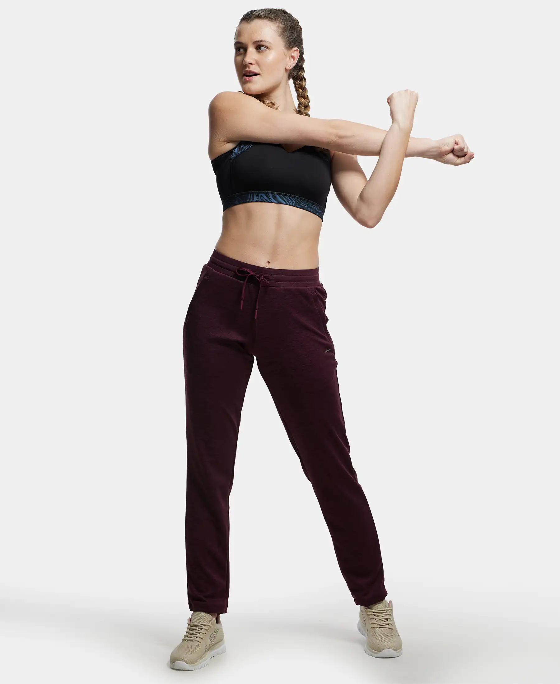 Microfiber Fabric Straight Fit Trackpants with Side Zipper Pockets - Grape Wine - Image 6
