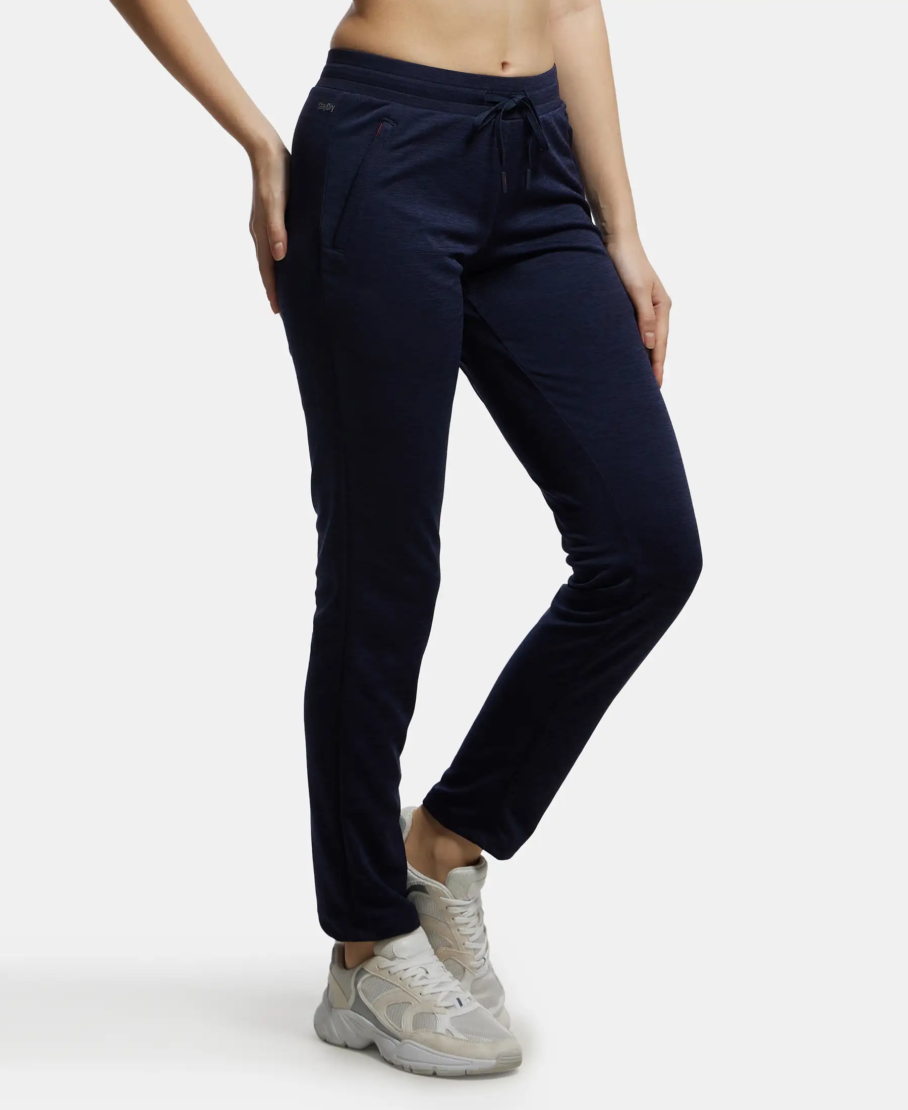 Microfiber Fabric Straight Fit Trackpants with Side Zipper Pockets - Peacoat - Image 2