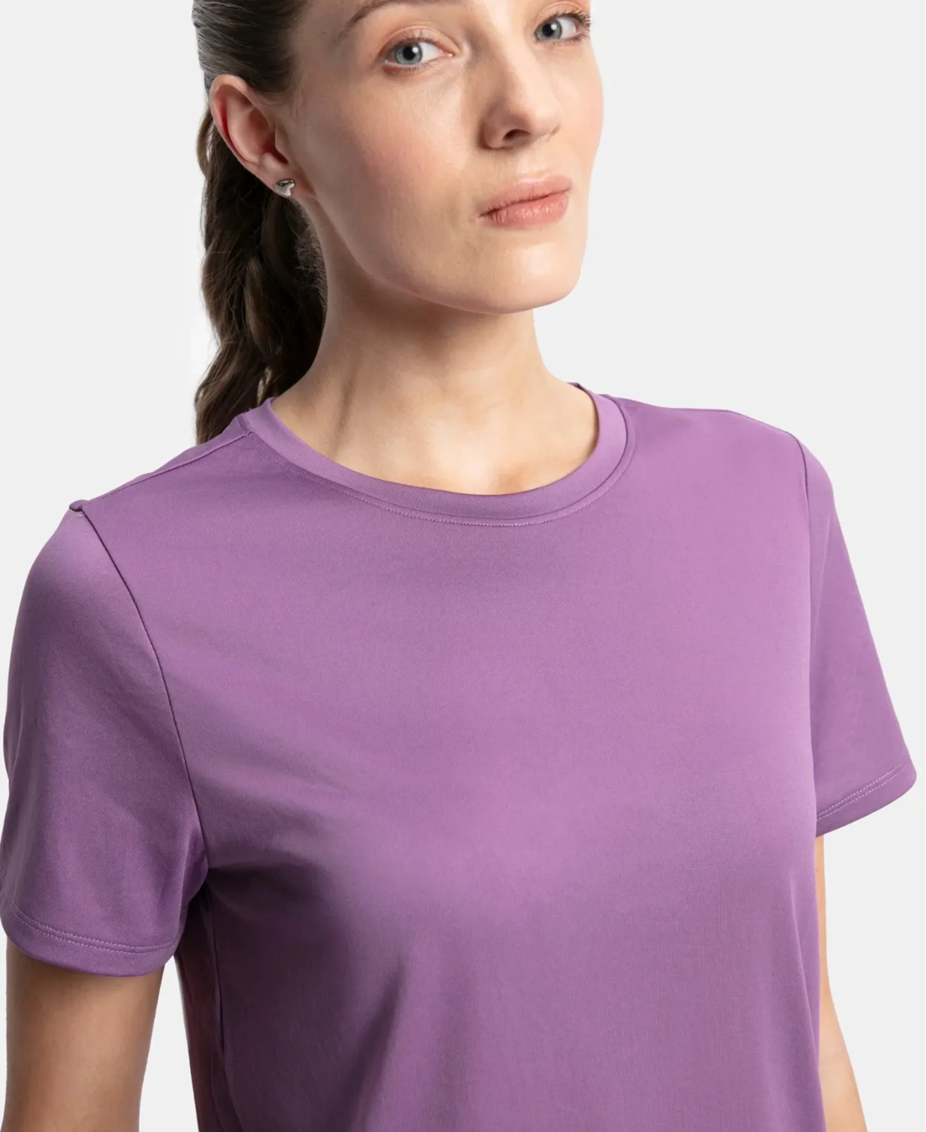 Microfiber Polyester Fabric Relaxed Fit Solid Round Neck Half Sleeve T-Shirt - Chinese Violet - Image 7