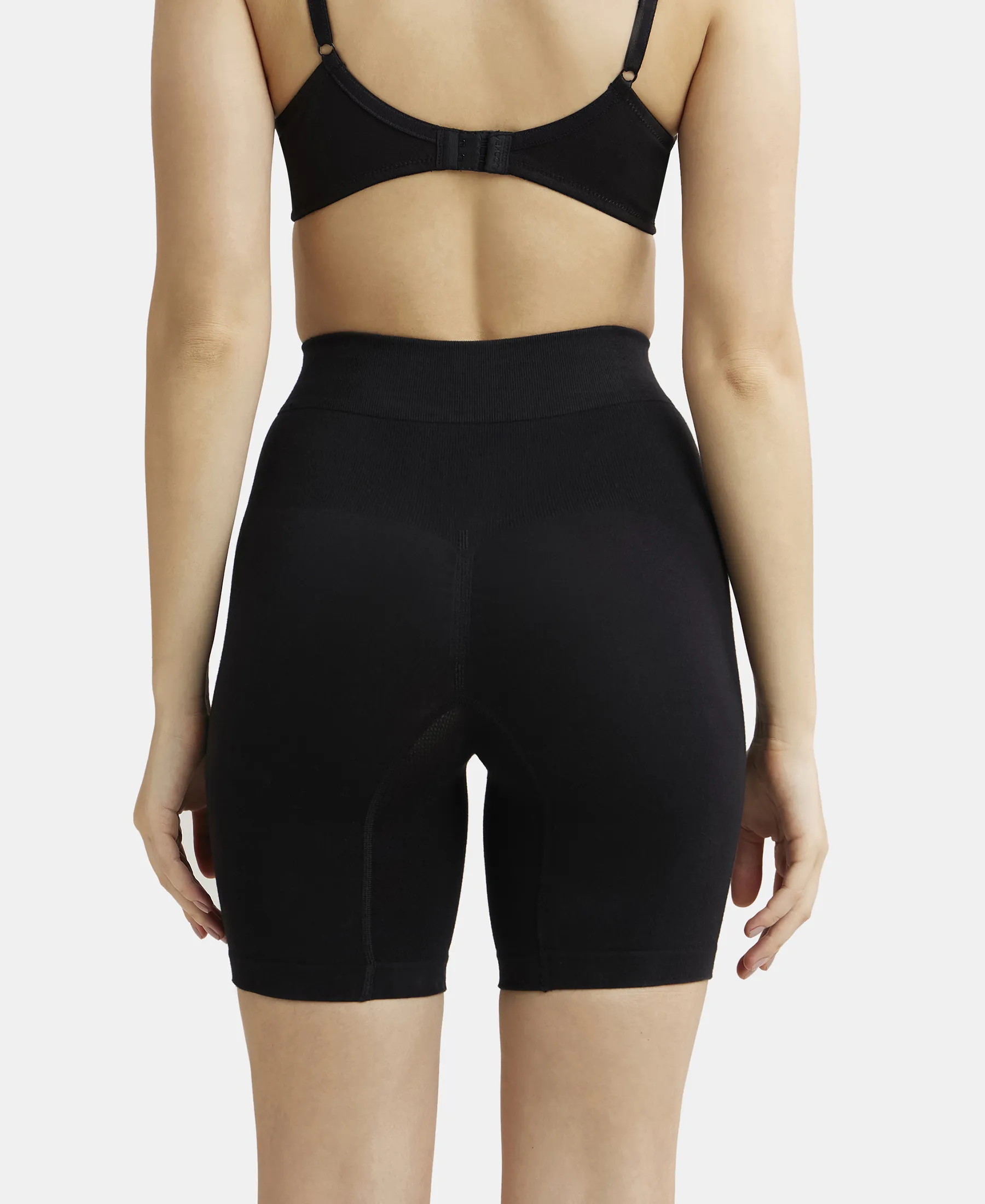 Mid Waist Cotton Rich Elastane Stretch Seamfree Shorts Shapewear with Breathable Inner Thigh Panel - Black - Image 3