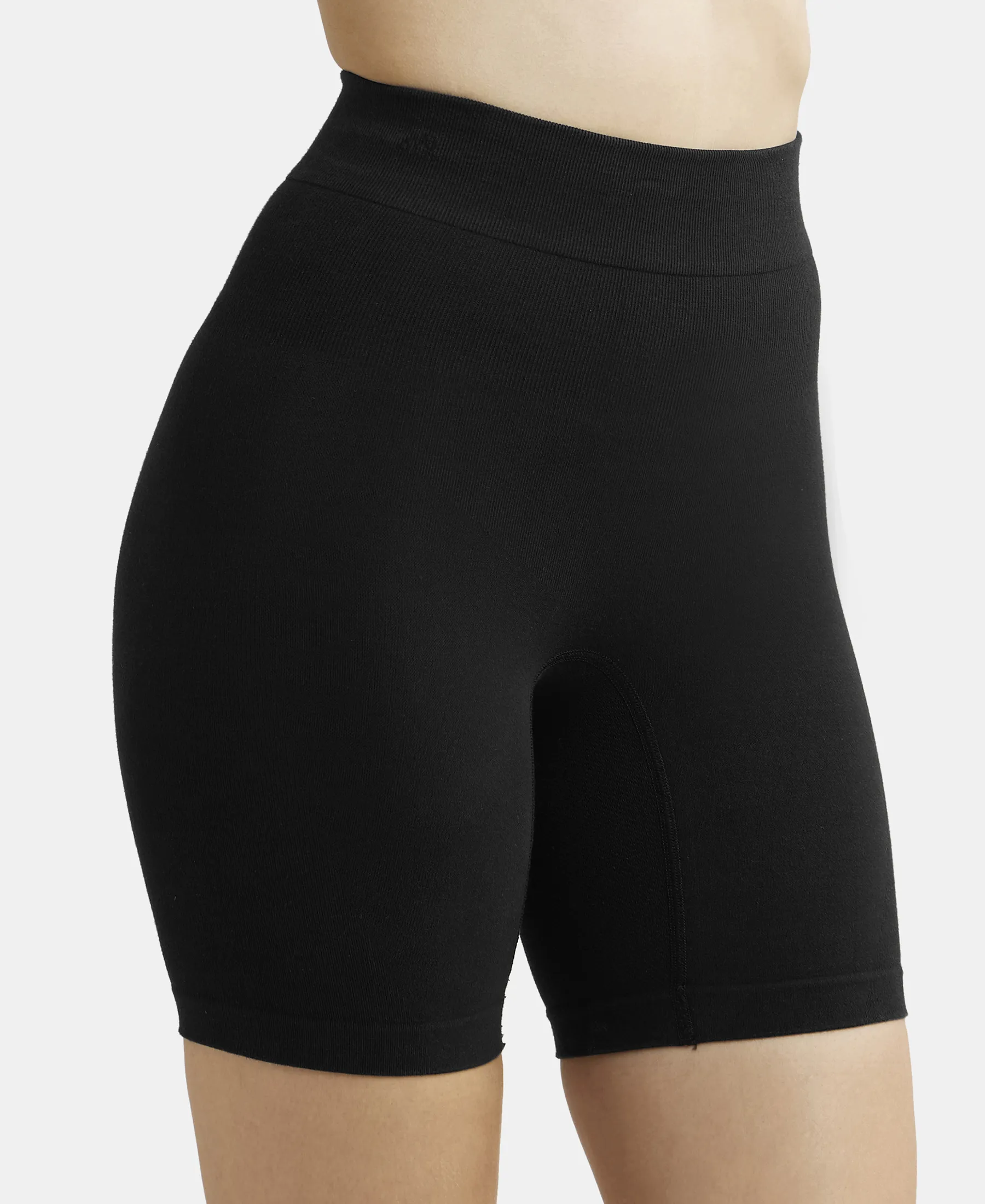 Mid Waist Cotton Rich Elastane Stretch Seamfree Shorts Shapewear with Breathable Inner Thigh Panel - Black - Image 7