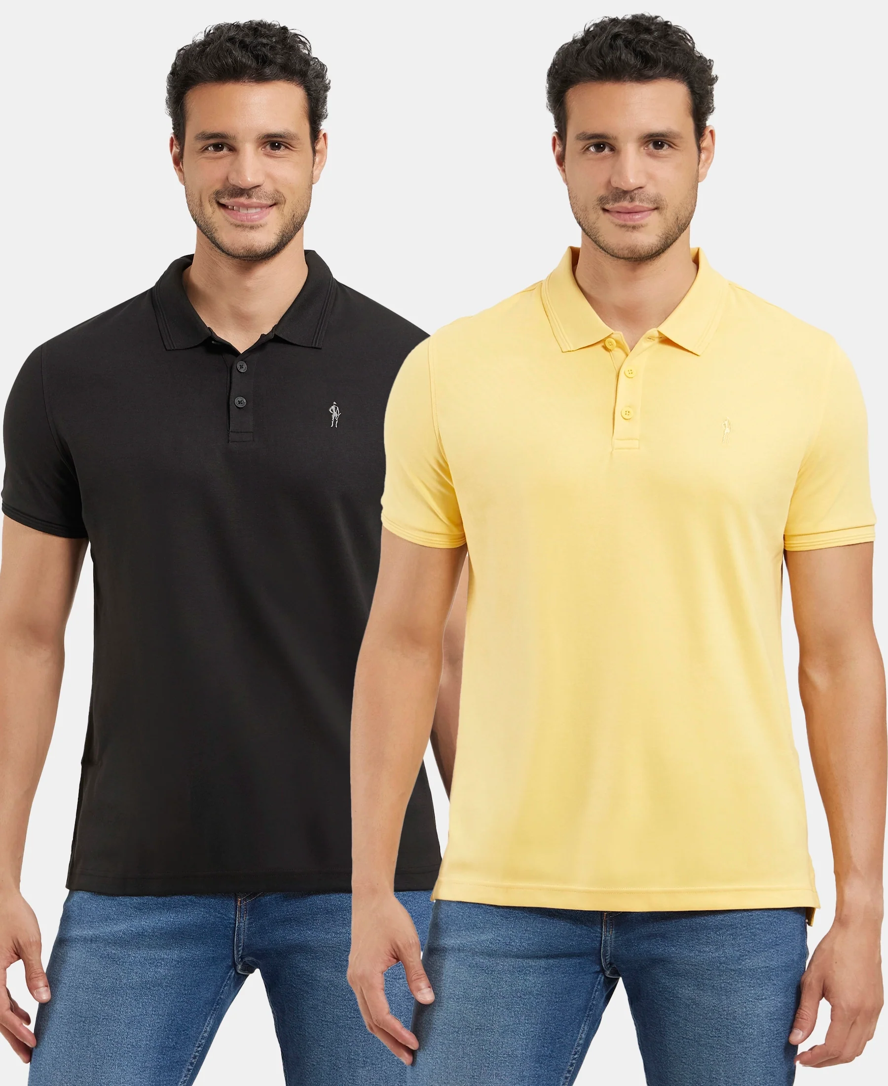 Pack of 2 Super Combed Cotton Rich Solid Half Sleeve Polo T-Shirt - Corn Silk & Black - Image 5