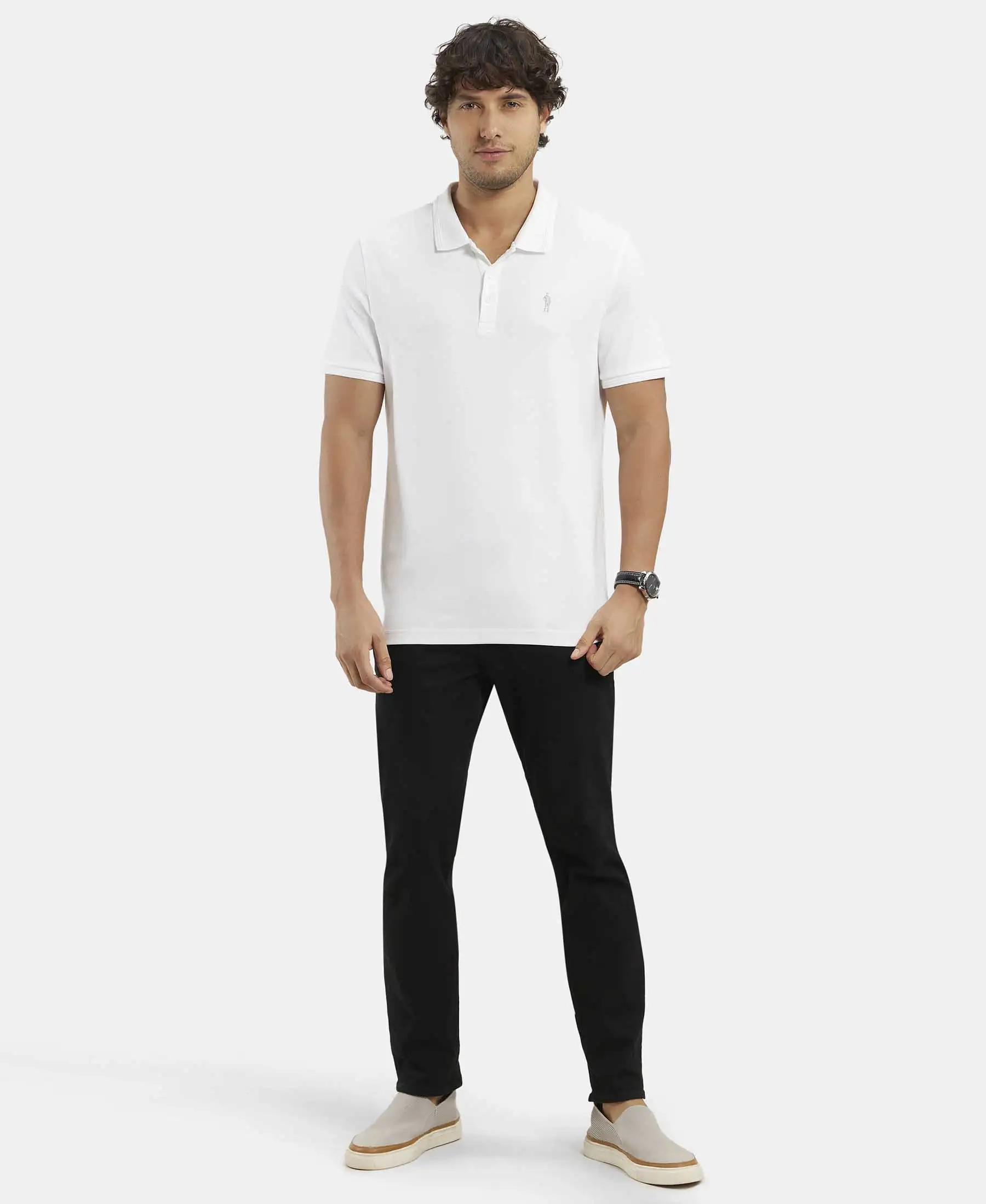 Pack of 2 Super Combed Cotton Rich Solid Half Sleeve Polo T-Shirt - White & Black - Image 4