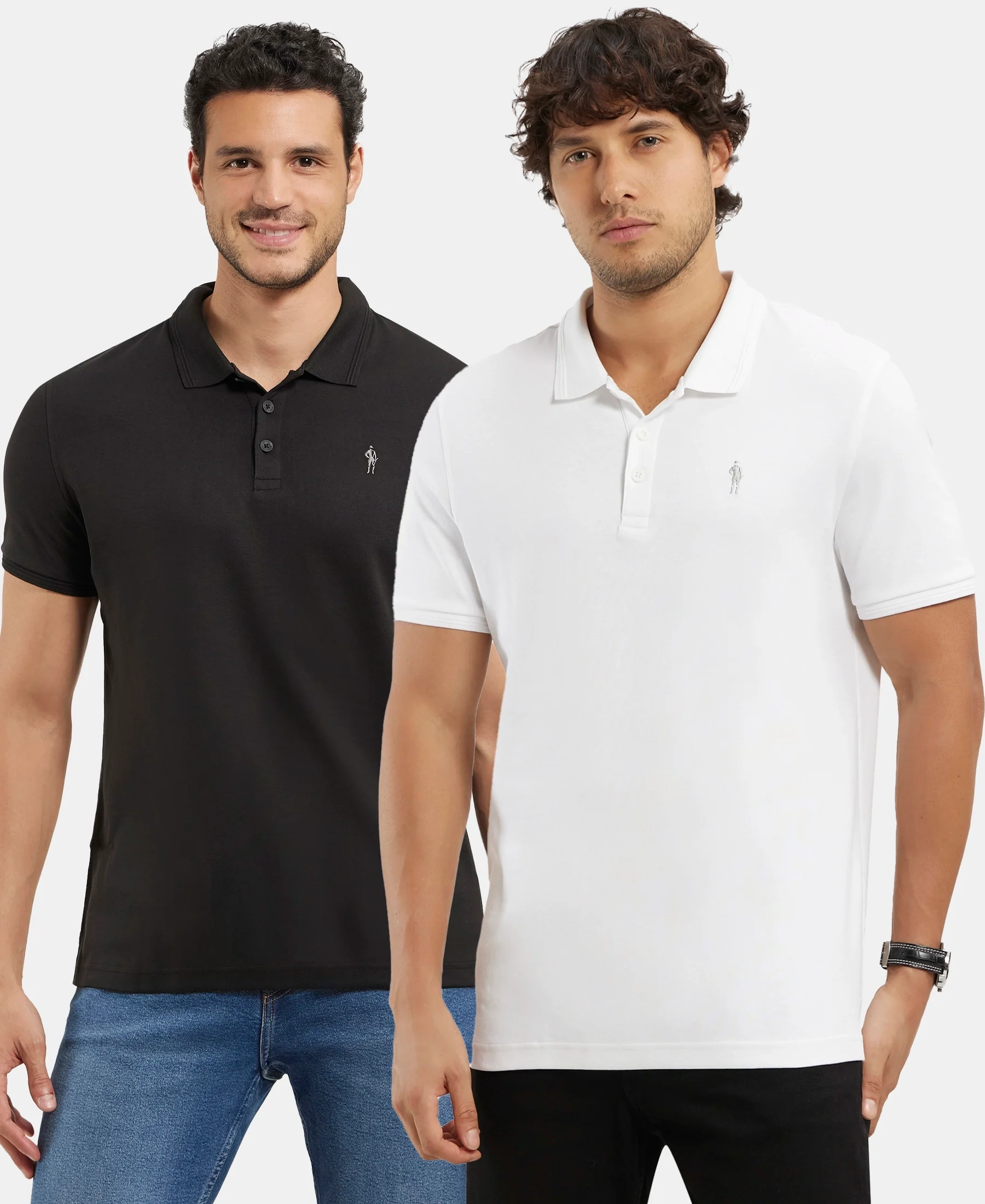 Pack of 2 Super Combed Cotton Rich Solid Half Sleeve Polo T-Shirt - White & Black - Image 5