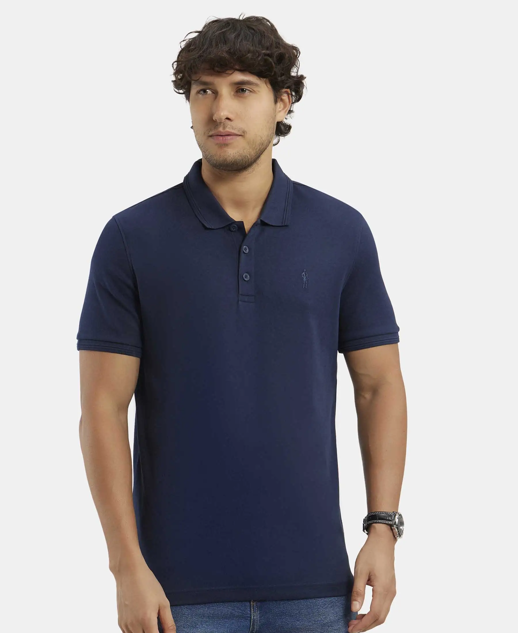 Pack of 2 Super Combed Cotton Rich Solid Half Sleeve Polo T-Shirt - White & Navy - Image 2