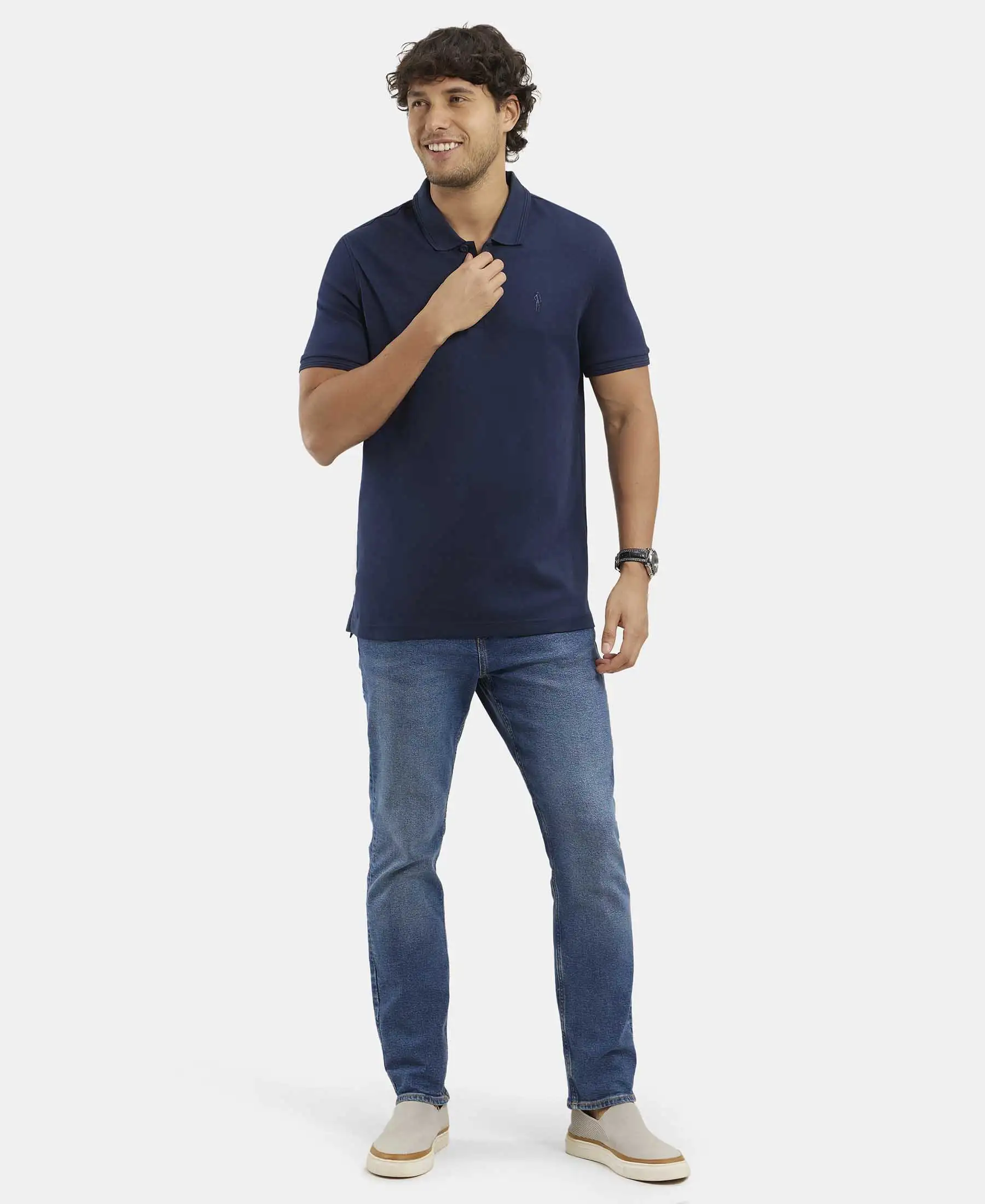 Pack of 2 Super Combed Cotton Rich Solid Half Sleeve Polo T-Shirt - White & Navy - Image 4