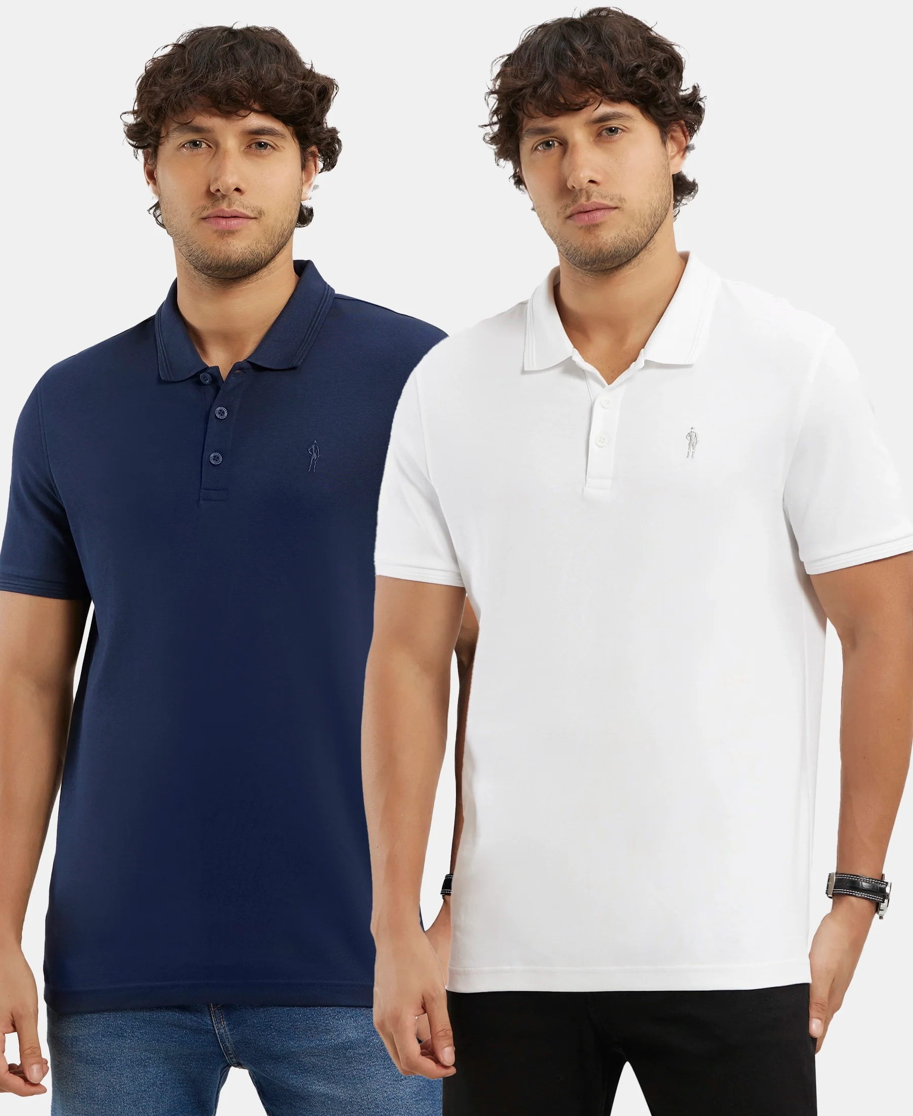 Pack of 2 Super Combed Cotton Rich Solid Half Sleeve Polo T-Shirt - White & Navy - Image 5