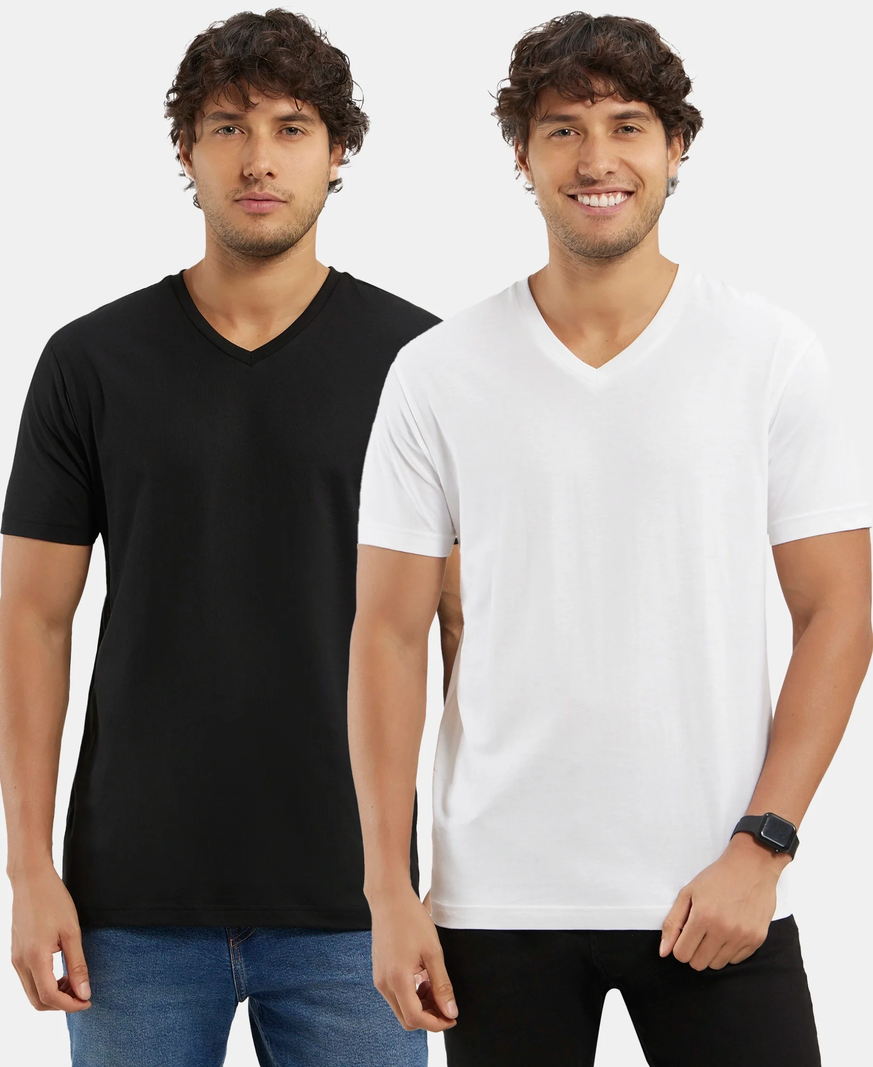 Pack of 2 Super Combed Cotton Rich Solid V Neck Half Sleeve T-Shirt - White & Black - Image 5