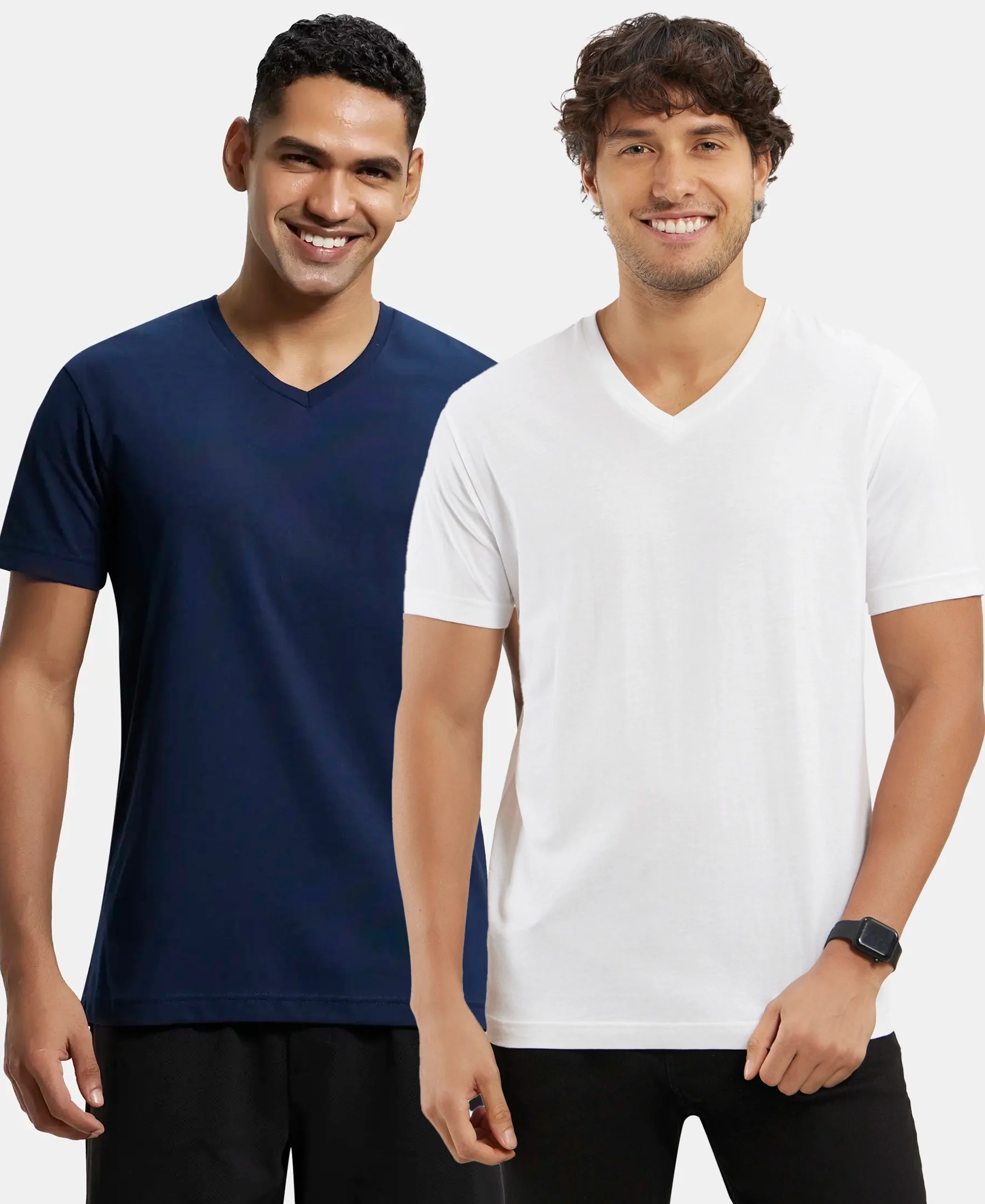 Pack of 2 Super Combed Cotton Rich Solid V Neck Half Sleeve T-Shirt - White & Navy - Image 5