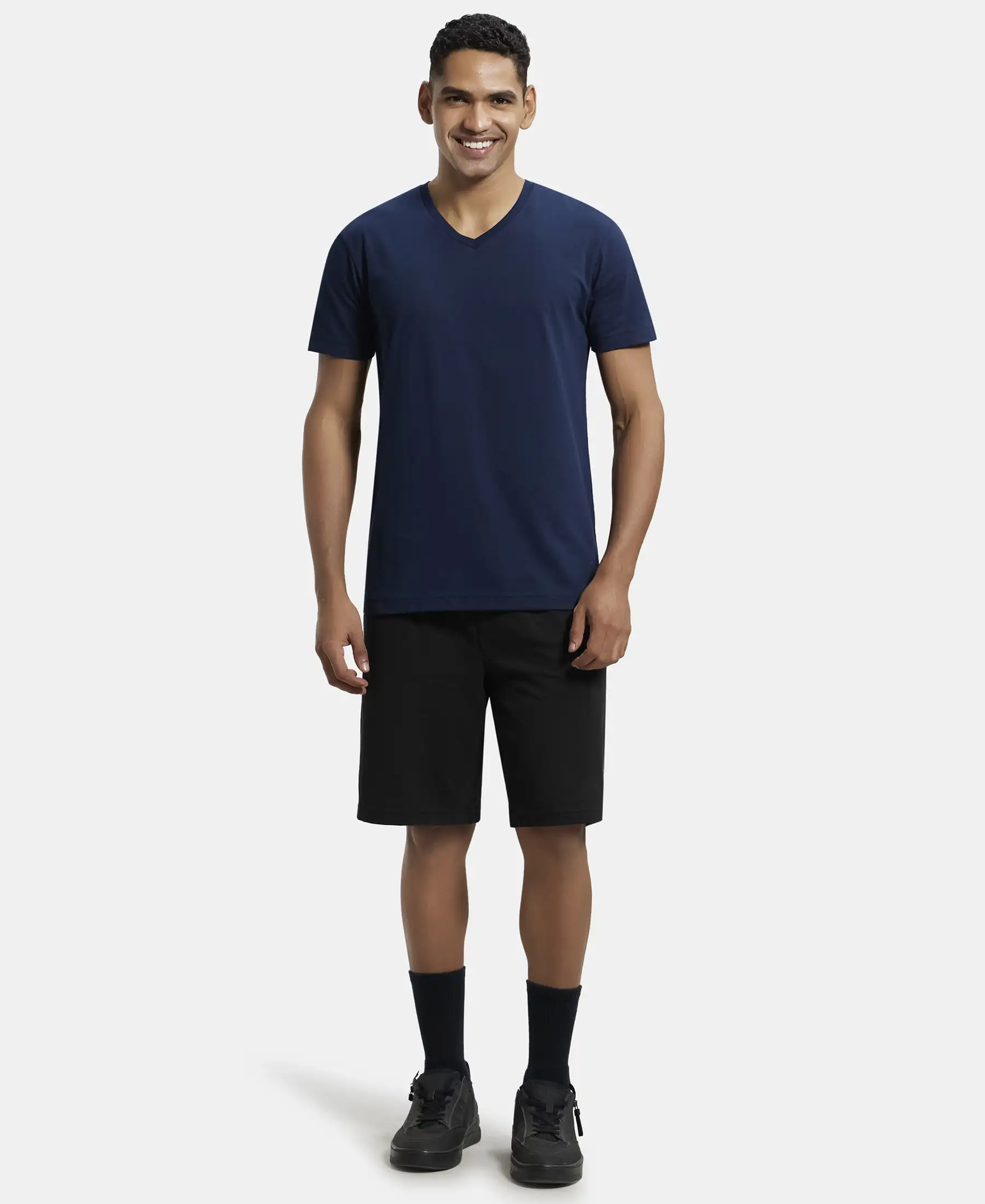 Pack of 2 Super Combed Cotton Rich Solid V Neck Half Sleeve T-Shirt - Black & Navy - Image 8