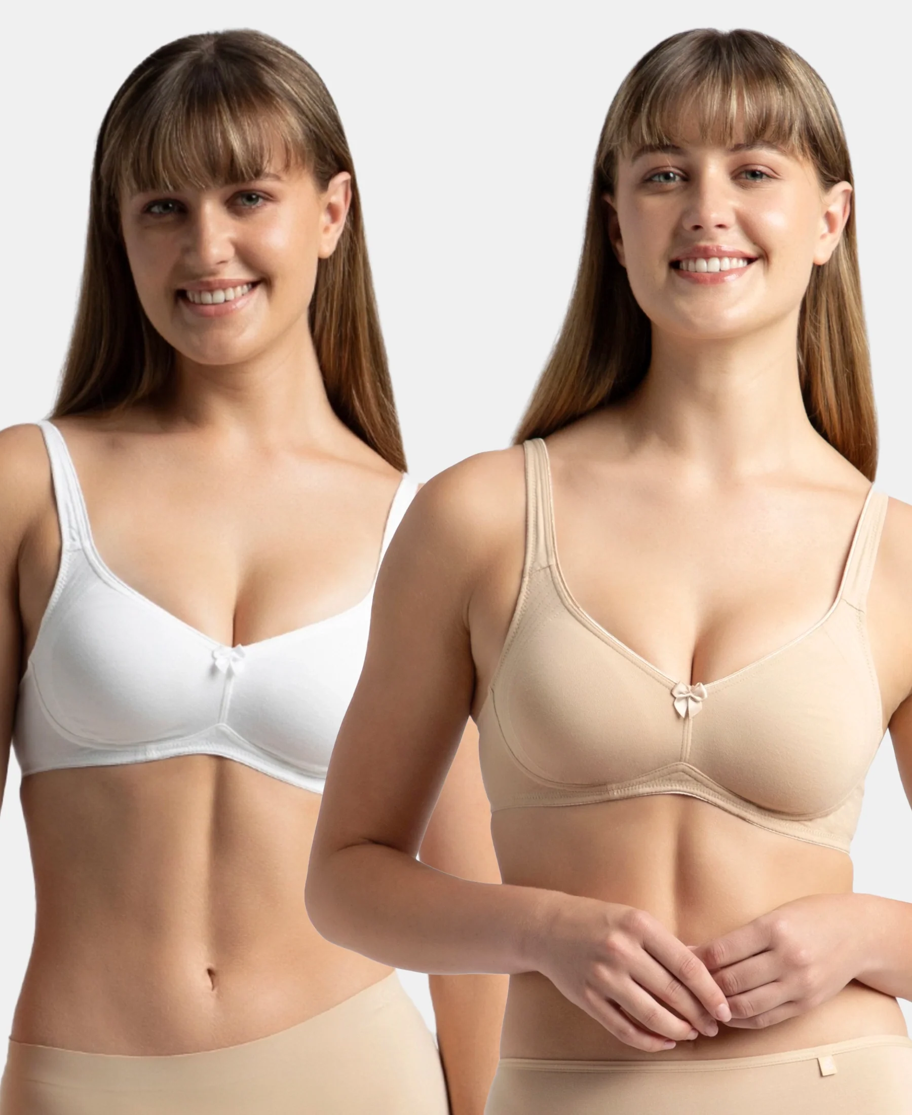 Pack of 2 Wirefree Non Padded Super Combed Cotton Elastane Stretch Full Coverage Everyday Bra with Contoured Shaper Panel and Adjustable Straps - White & Skin - Image 5