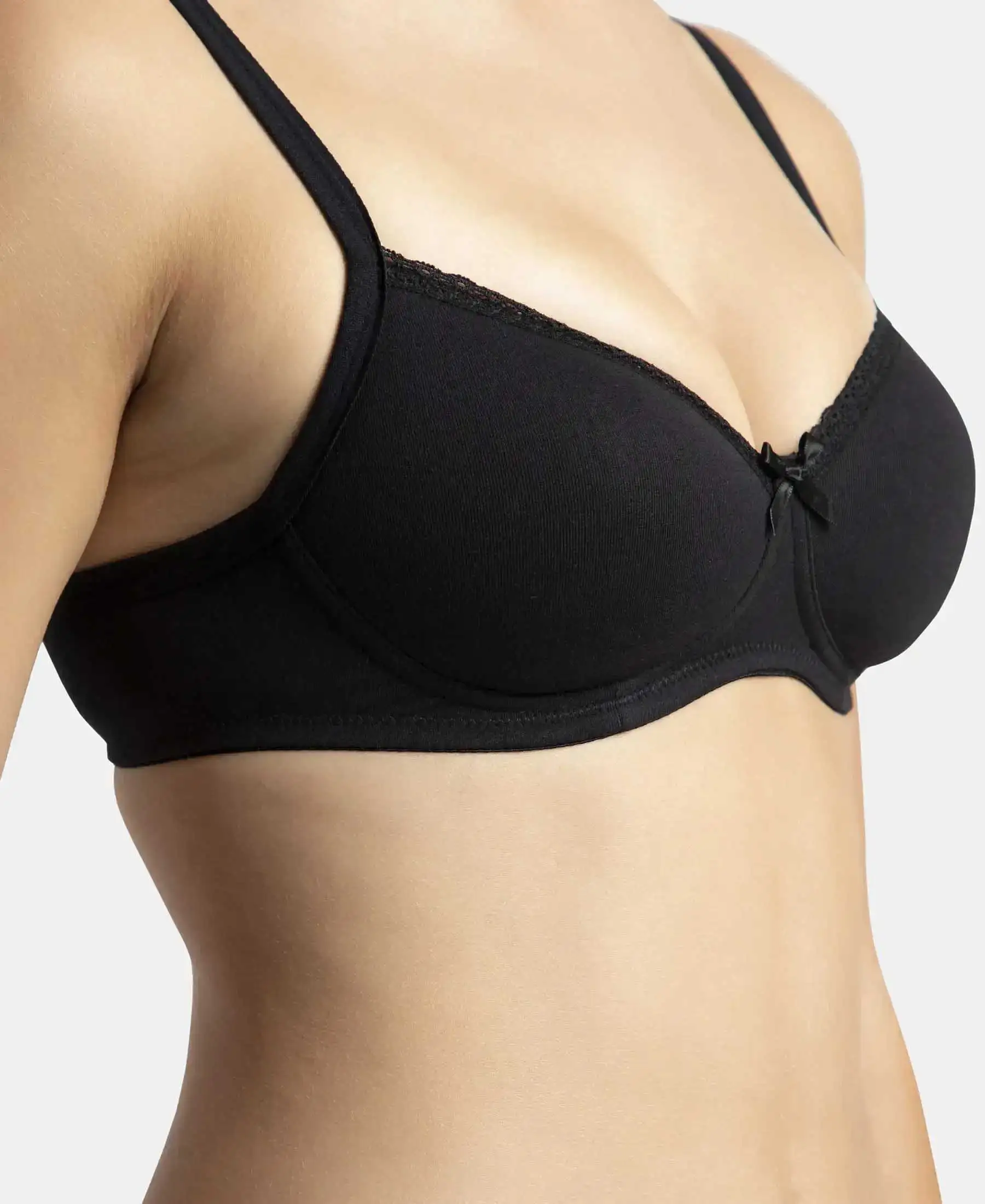 Pack of 2 Wirefree Padded Super Combed Cotton Elastane Stretch Medium Coverage T-Shirt Bra with Lace Styling - Black & White - Image 7