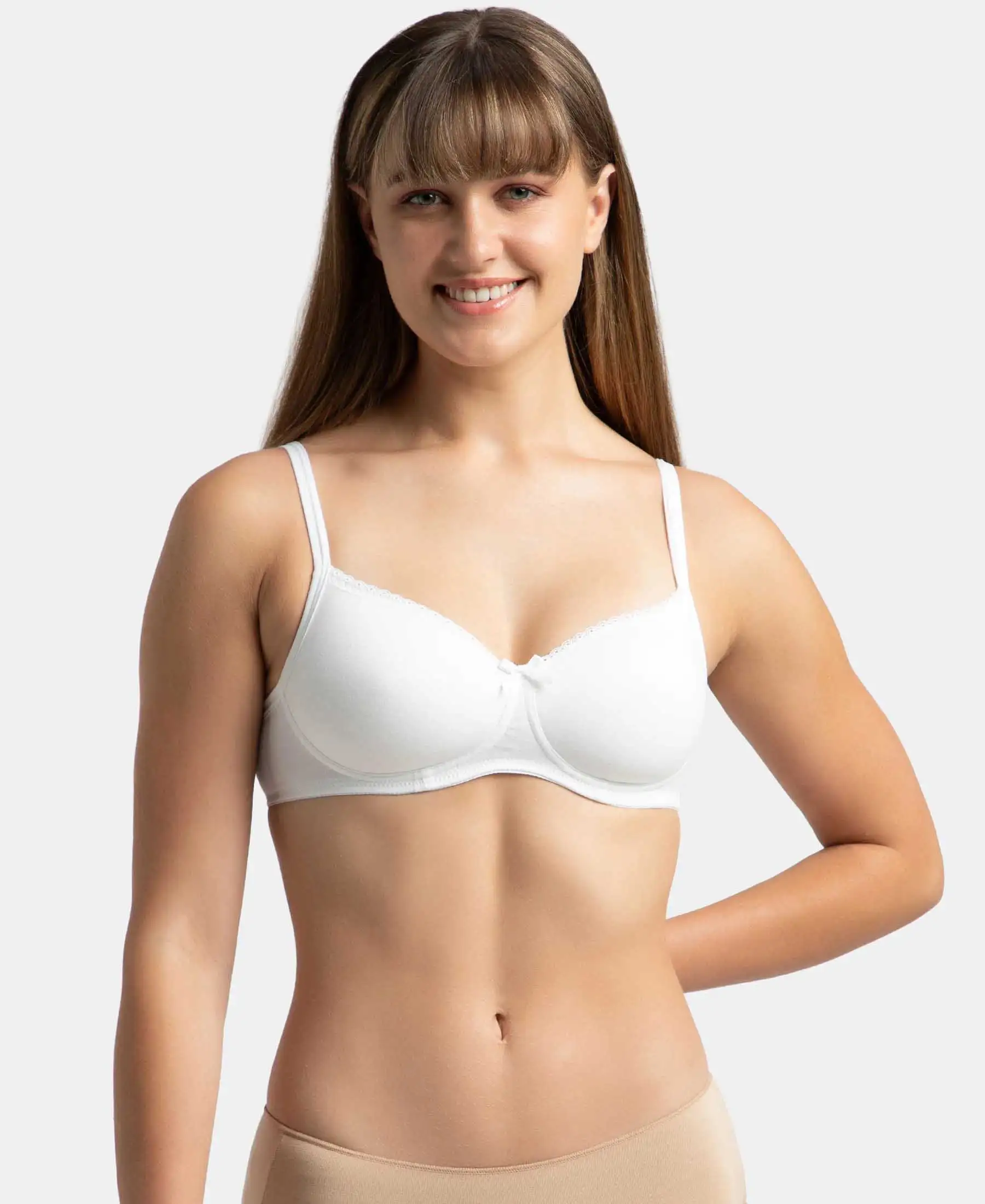 Pack of 2 Wirefree Padded Super Combed Cotton Elastane Stretch Medium Coverage T-Shirt Bra with Lace Styling - White & Light Skin - Image 2