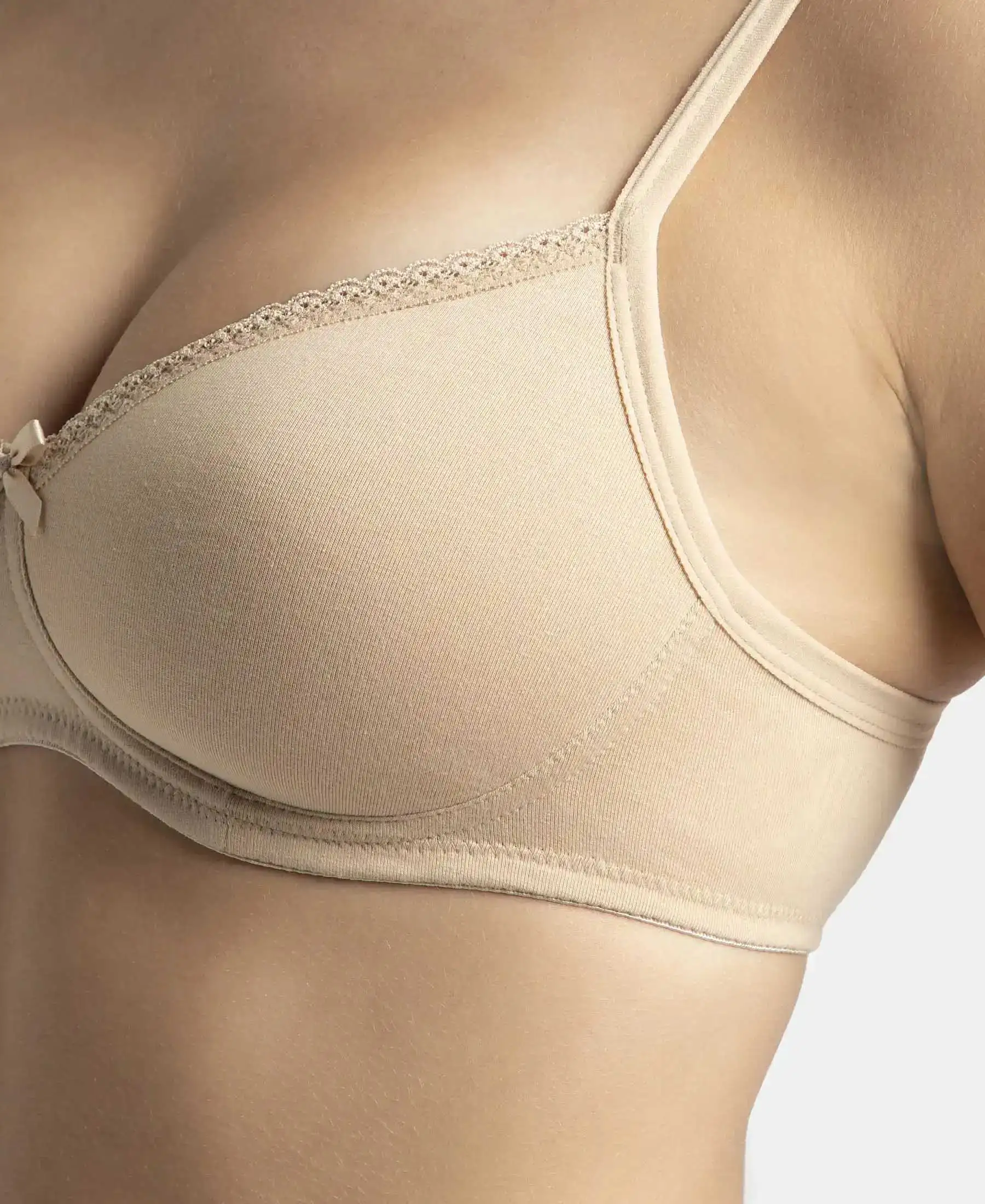 Pack of 2 Wirefree Padded Super Combed Cotton Elastane Stretch Medium Coverage T-Shirt Bra with Lace Styling - White & Light Skin - Image 8