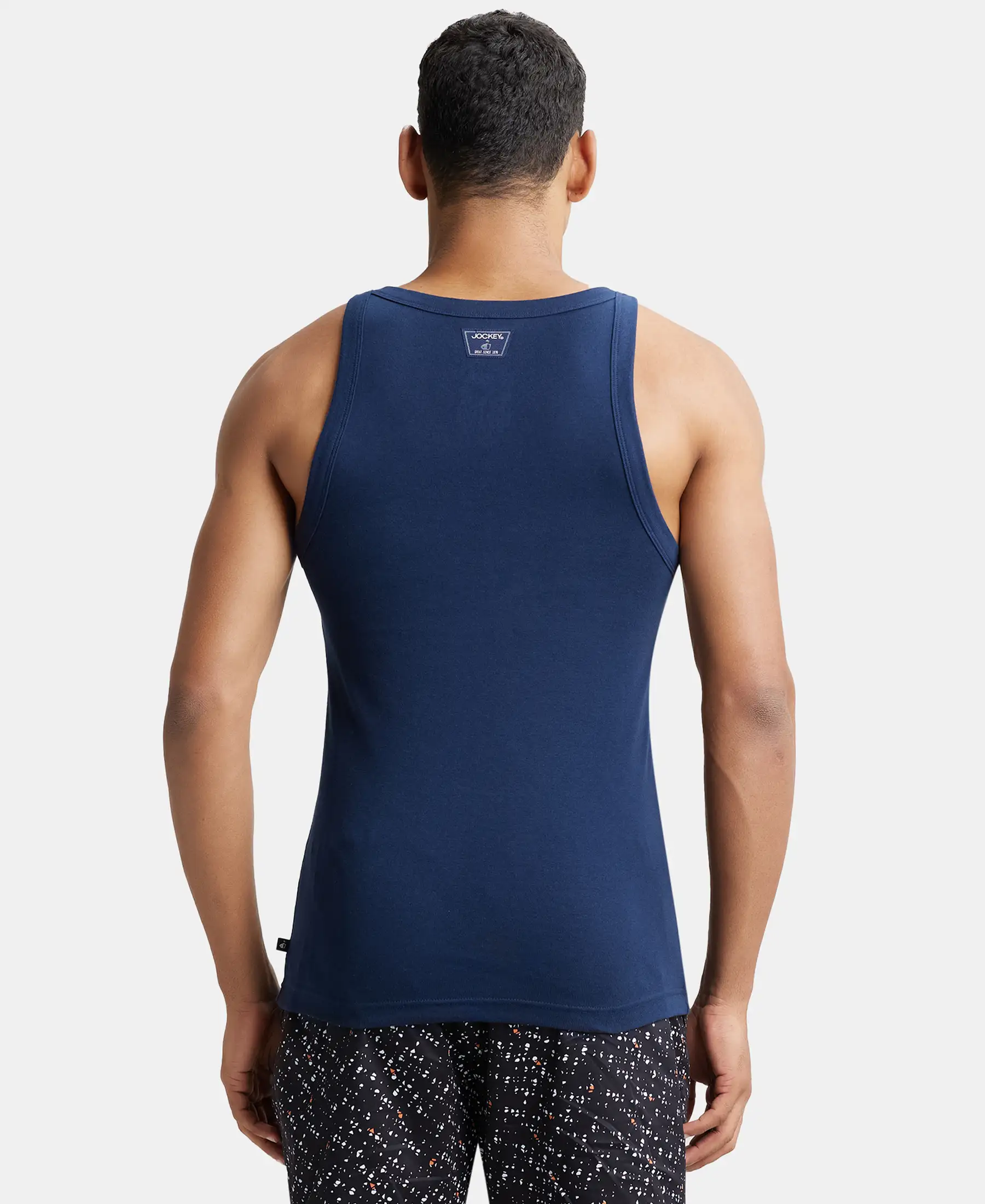 Pack of 3 Super Combed Cotton Rib Square Neck Gym Vest - Navy, Charcoal Melange & Black - Image 3