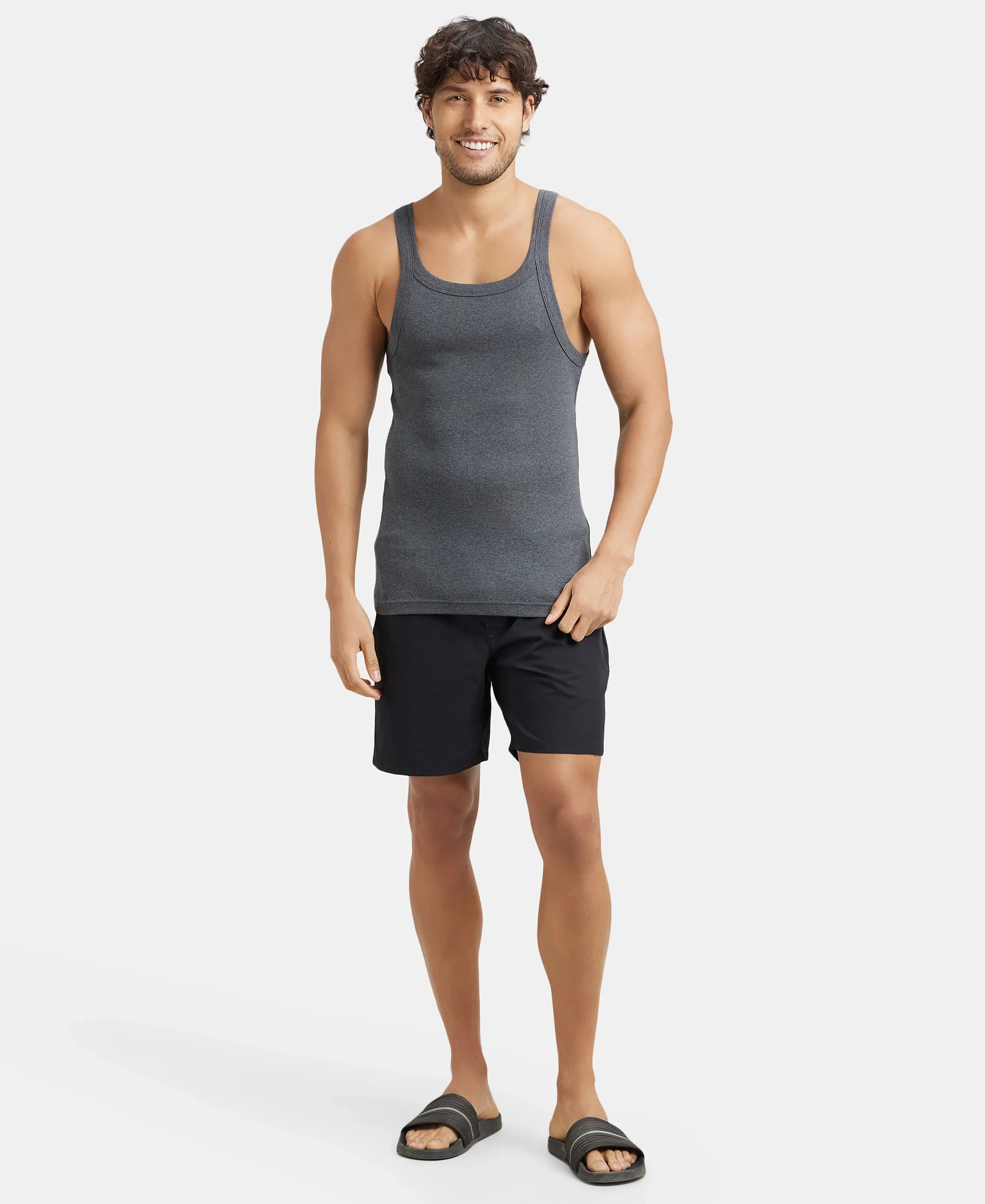 Pack of 3 Super Combed Cotton Rib Square Neck Gym Vest - Navy, Charcoal Melange & Black - Image 4