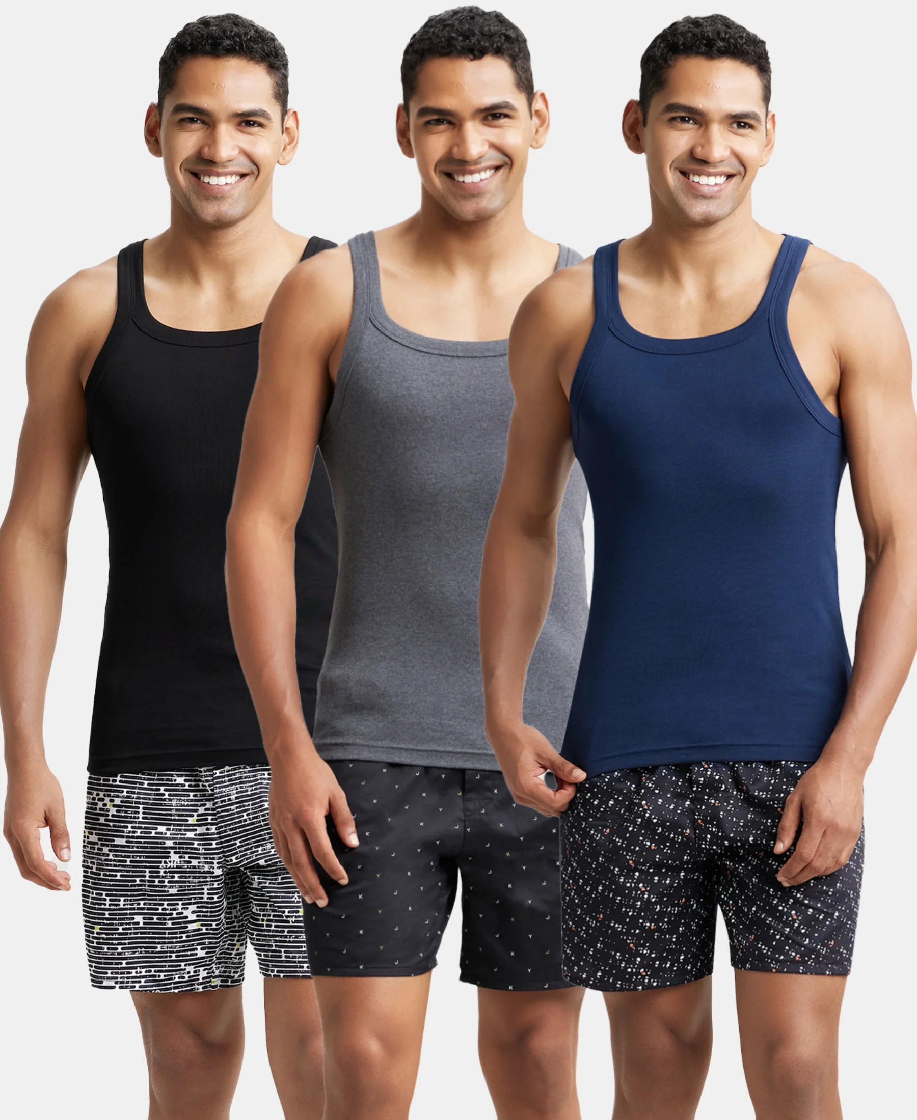 Pack of 3 Super Combed Cotton Rib Square Neck Gym Vest - Navy, Charcoal Melange & Black - Image 5