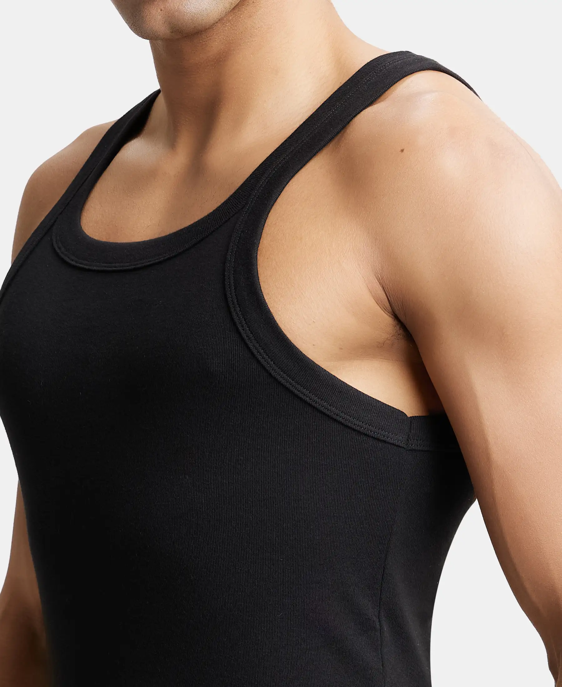 Pack of 3 Super Combed Cotton Rib Square Neck Gym Vest - Navy, Charcoal Melange & Black - Image 7