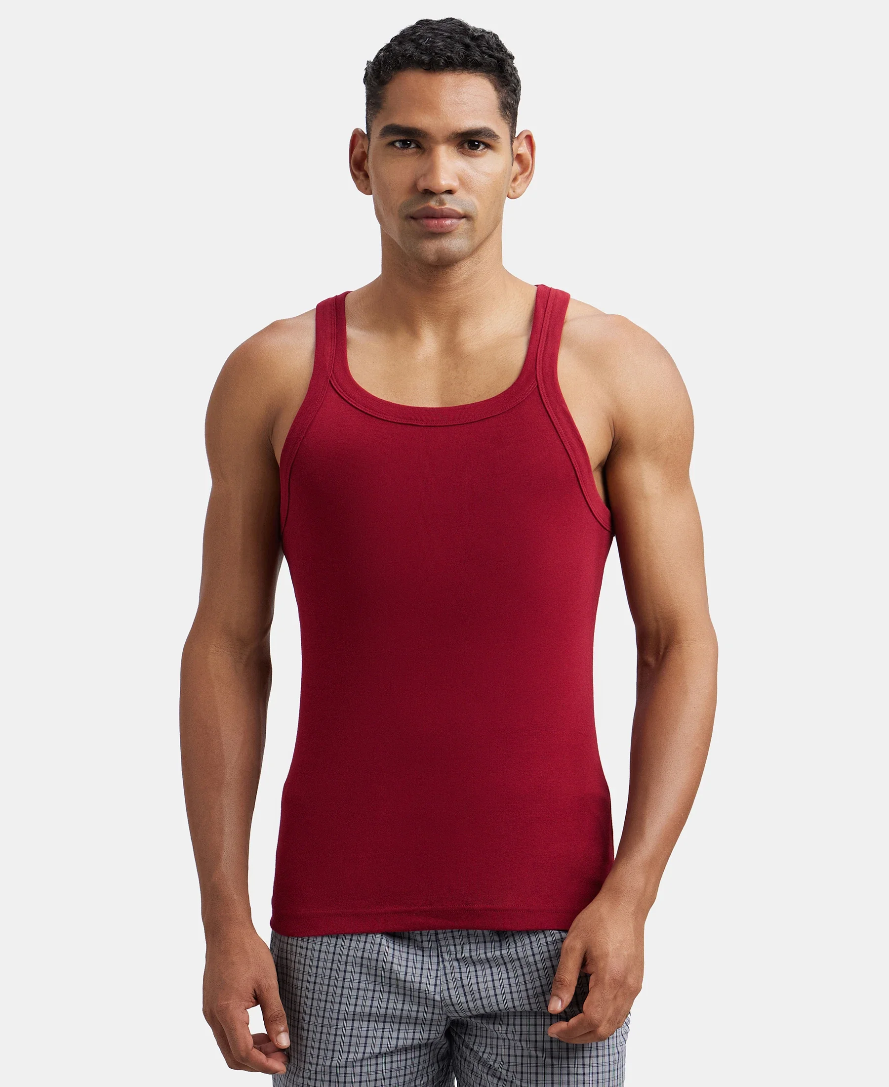 Pack of 3 Super Combed Cotton Rib Square Neck Gym Vest - Poseidon, Red Pepper & Deep Olive - Image 2