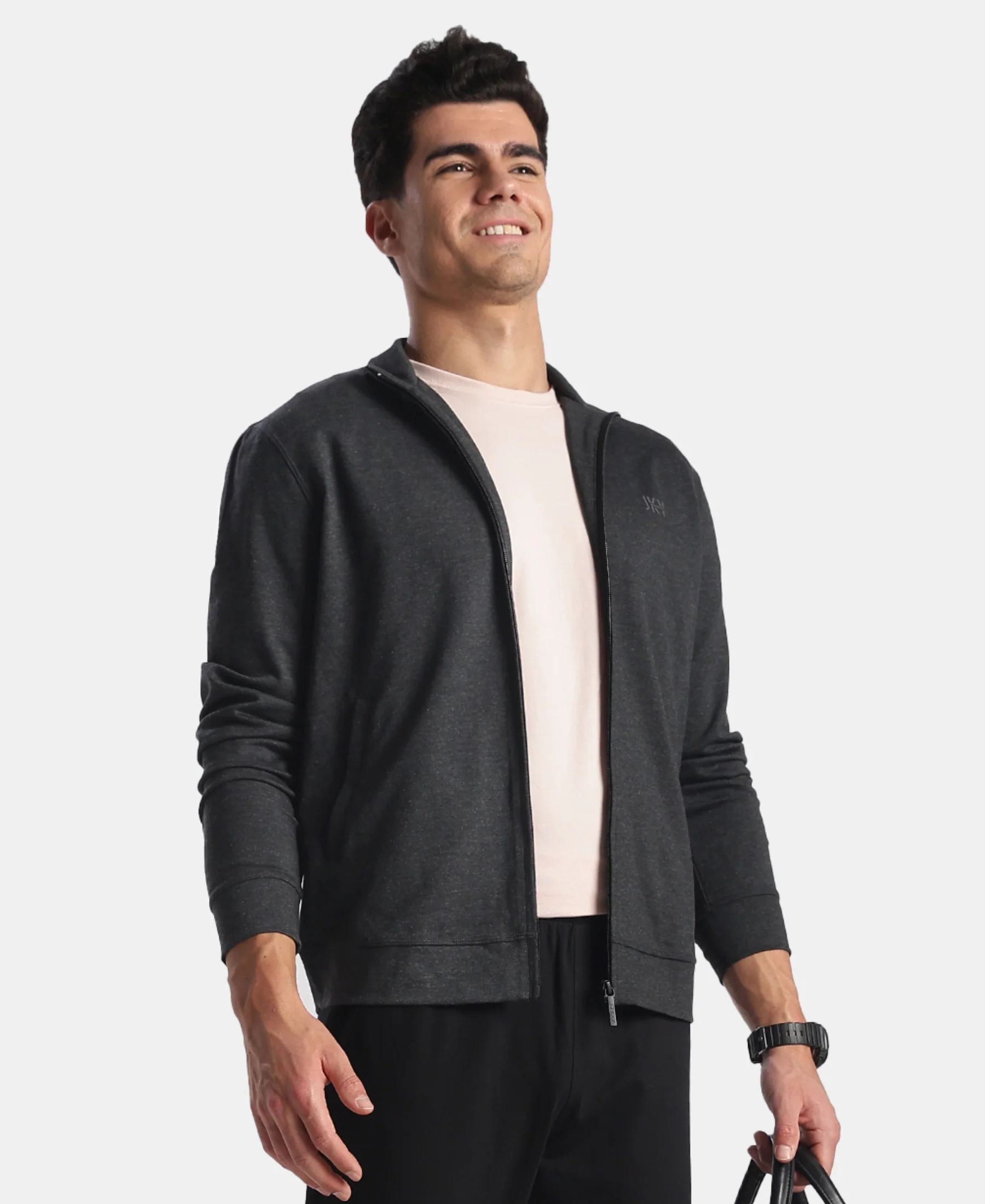 Rayon Nylon Elastane Stretch Jacket with Ribbed Cuffs - Black Melange - Image 5