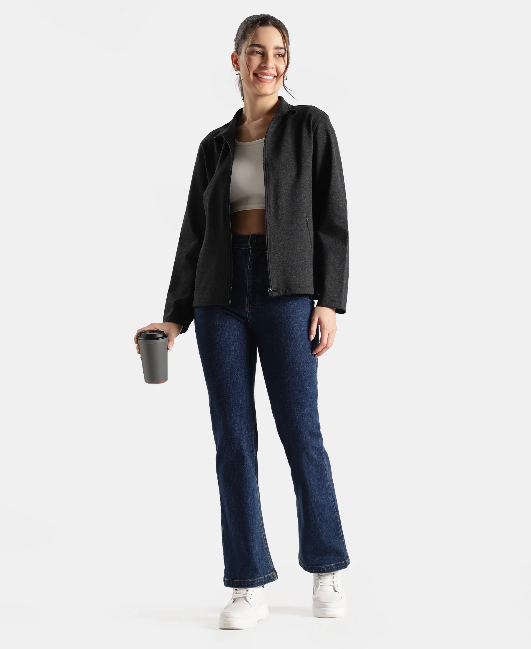 Rayon Nylon Elastane Stretch Relaxed Fit Jacket with Zipper Pockets - Black Melange - Image 4