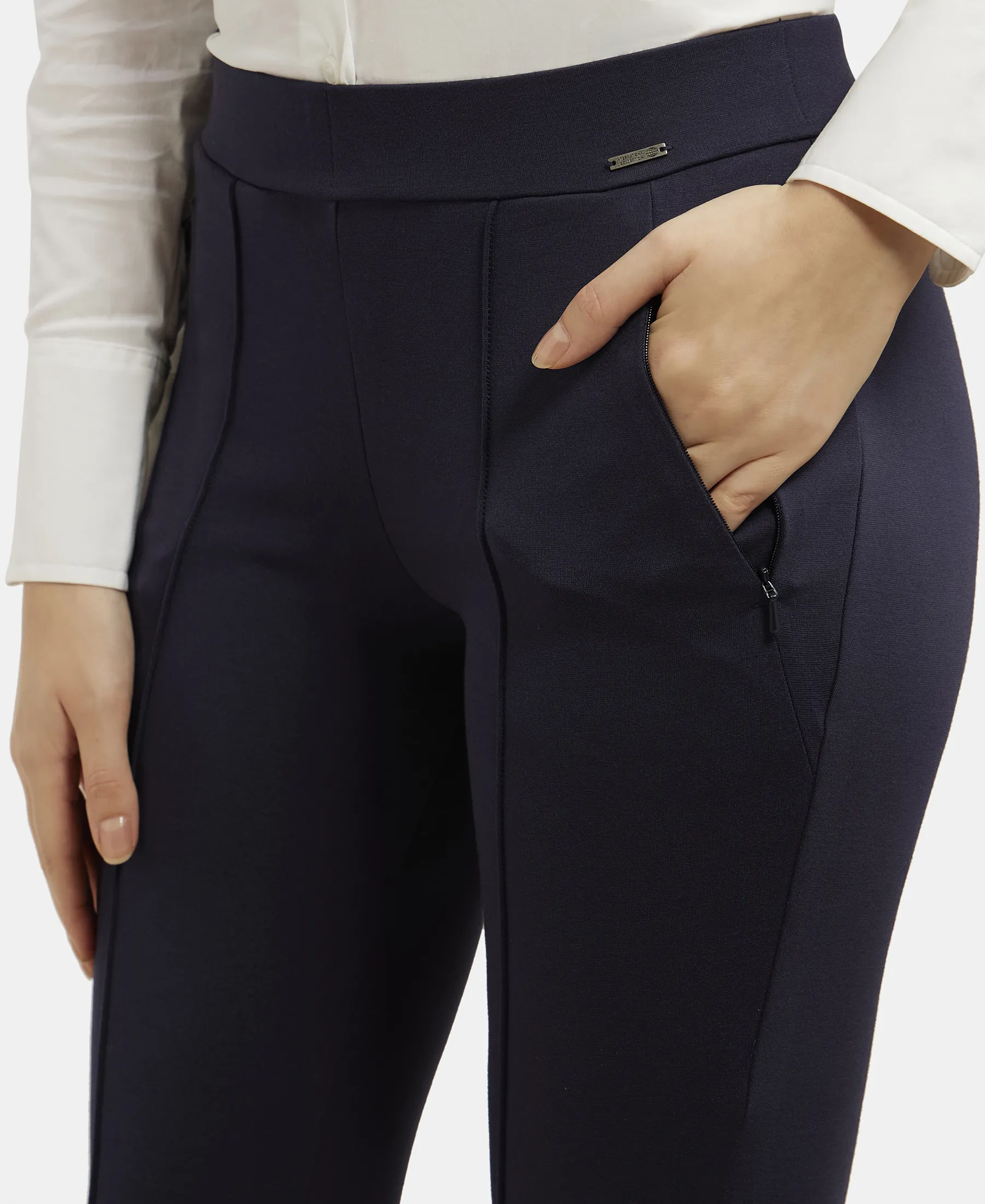 Rayon Nylon Elastane Stretch Treggings with Side Zipper Pockets - Navy Blazer - Image 7