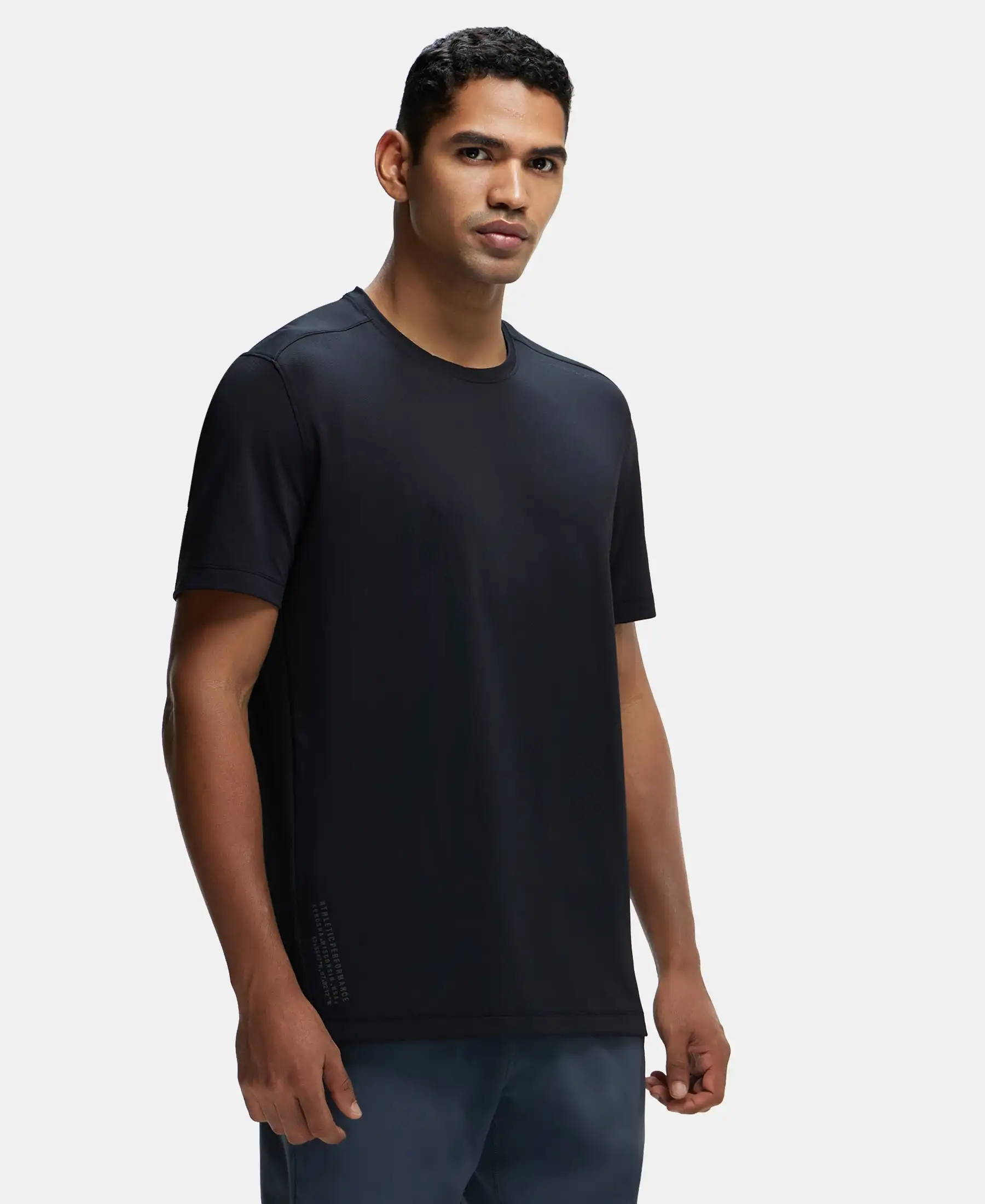 Recycled Microfiber Elastane Stretch Fabric Round Neck Half Sleeve Breathable Mesh T-Shirt - Black - Image 2