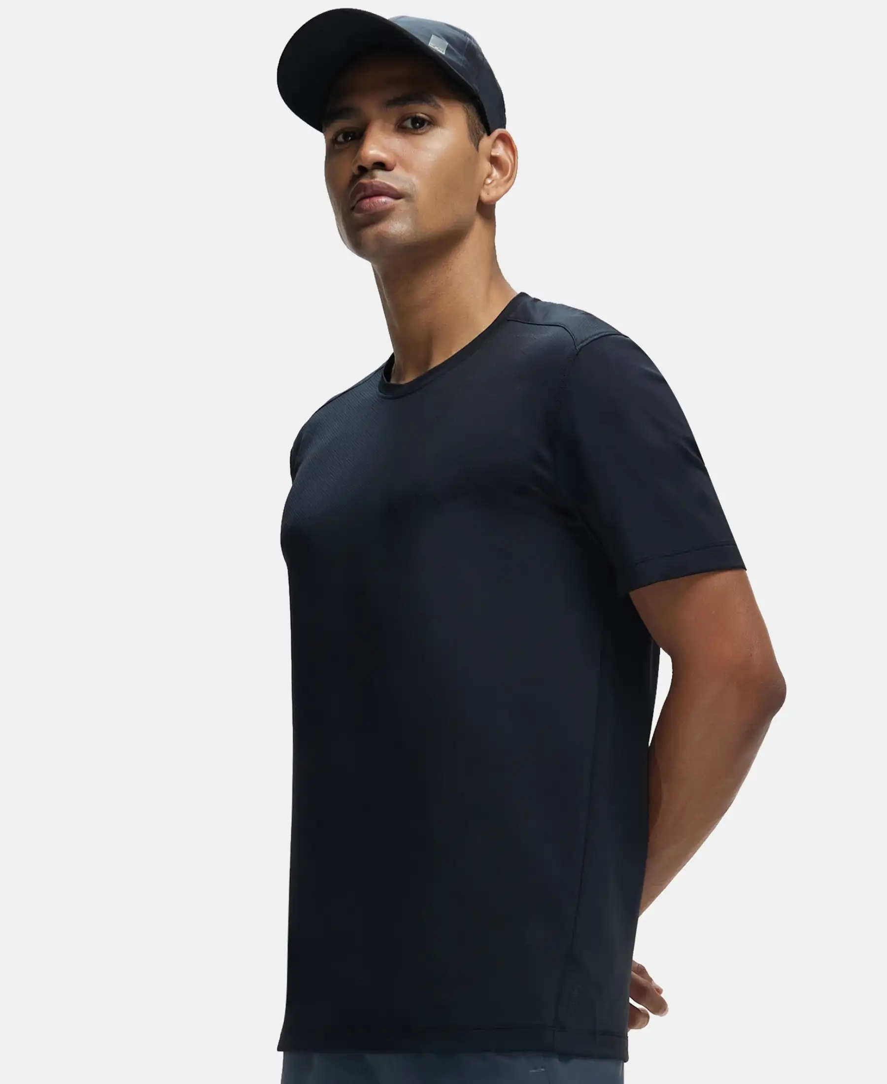 Recycled Microfiber Elastane Stretch Fabric Round Neck Half Sleeve Breathable Mesh T-Shirt - Black - Image 5