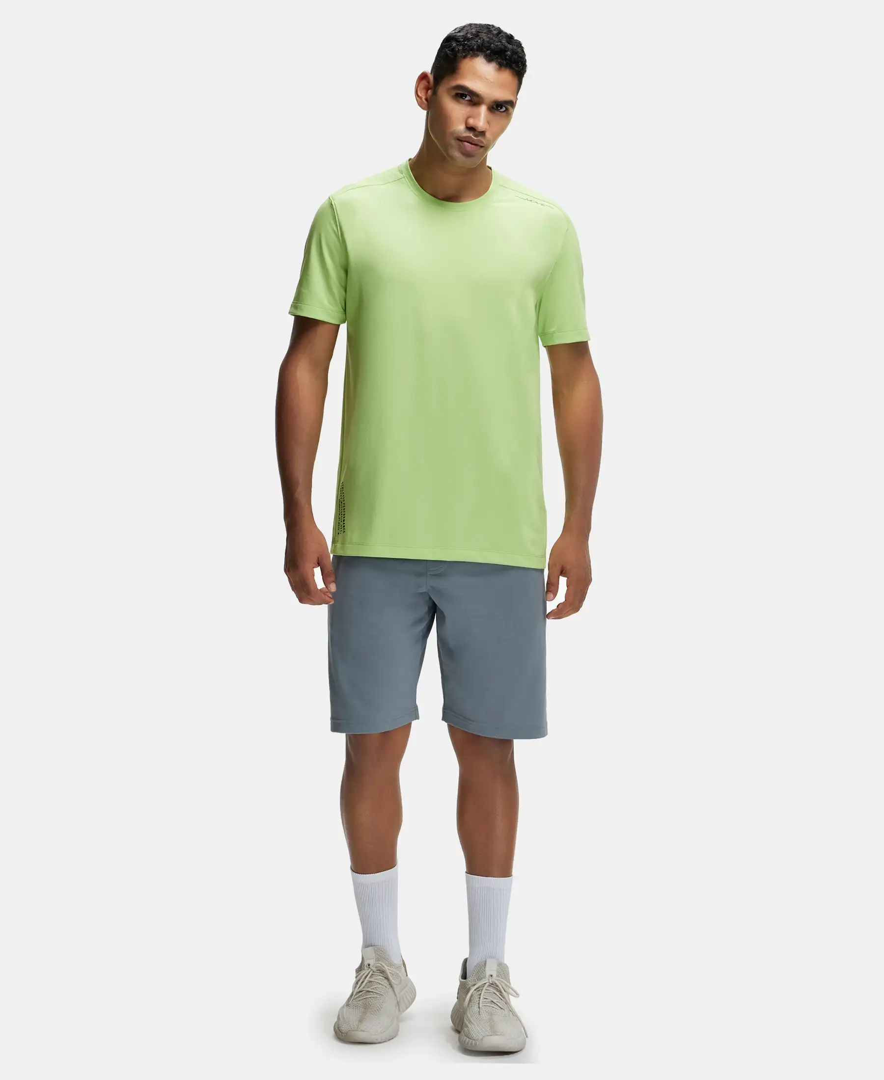 Recycled Microfiber Elastane Stretch Fabric Round Neck Half Sleeve Breathable Mesh T-Shirt - Green Glow - Image 4